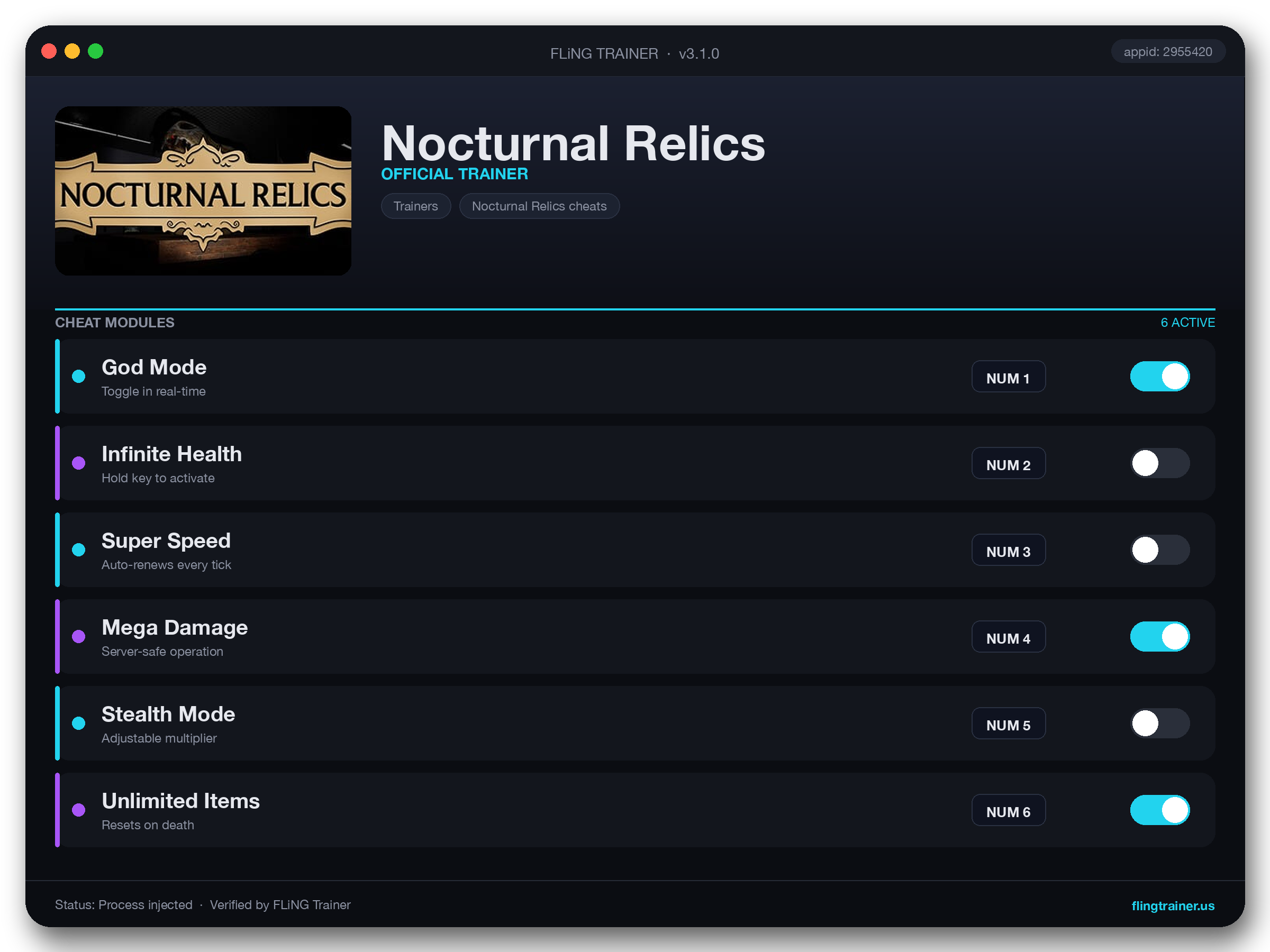 Nocturnal Relics Trainer interface