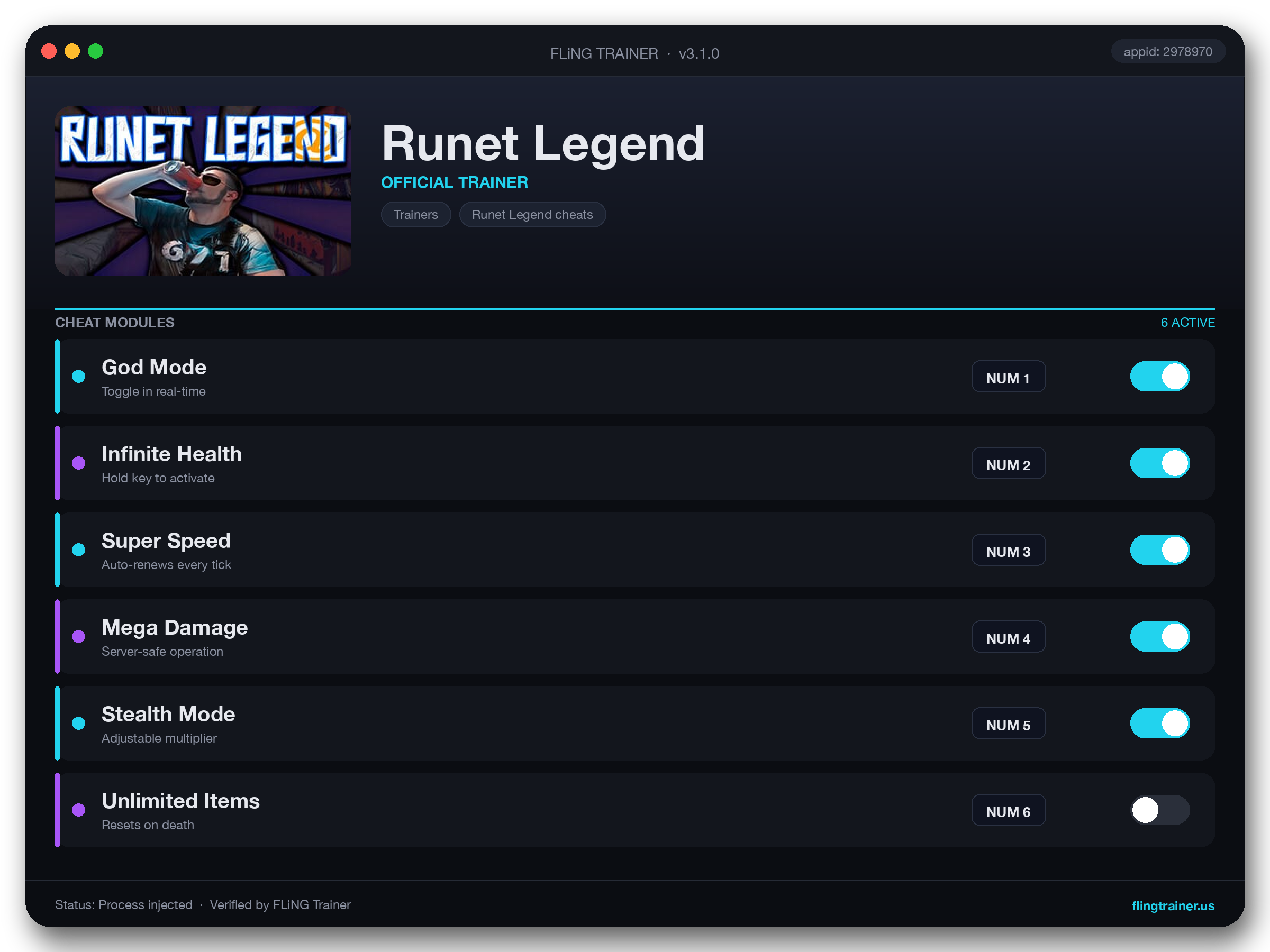 Runet Legend Trainer interface