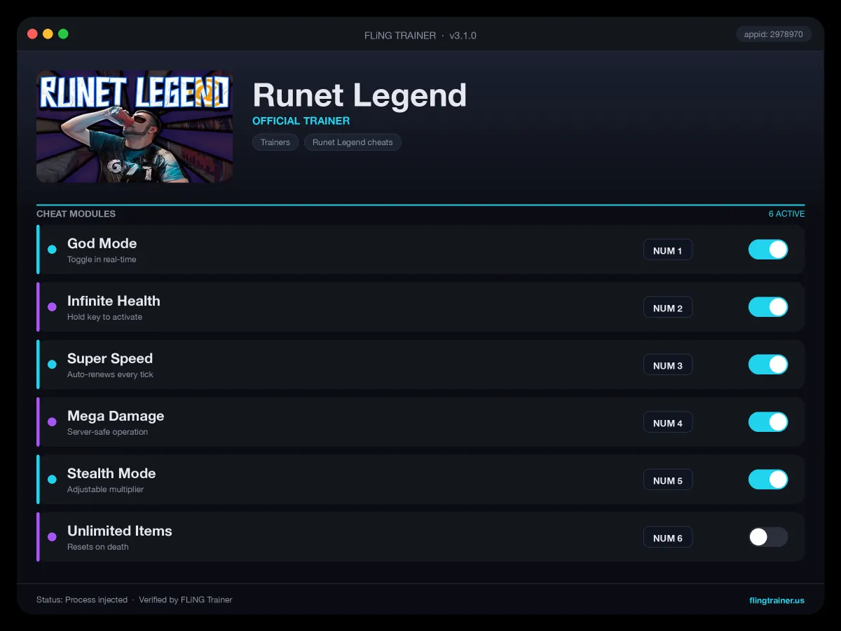 Runet Legend Trainer interface