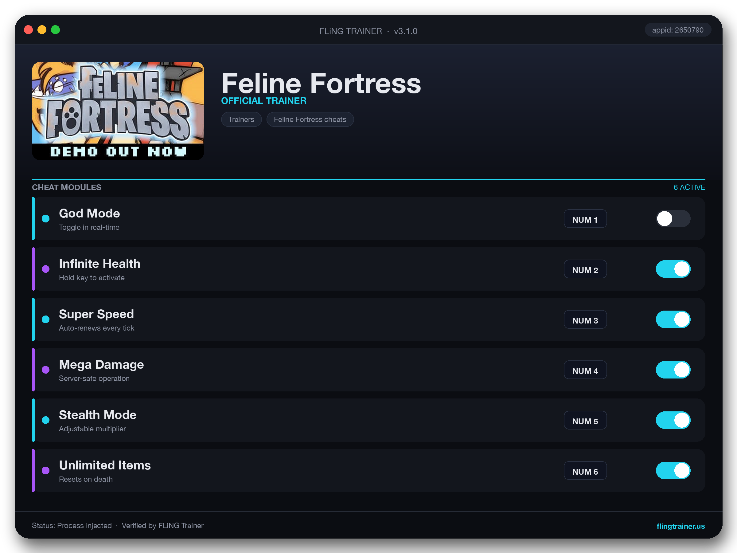 Feline Fortress Trainer interface