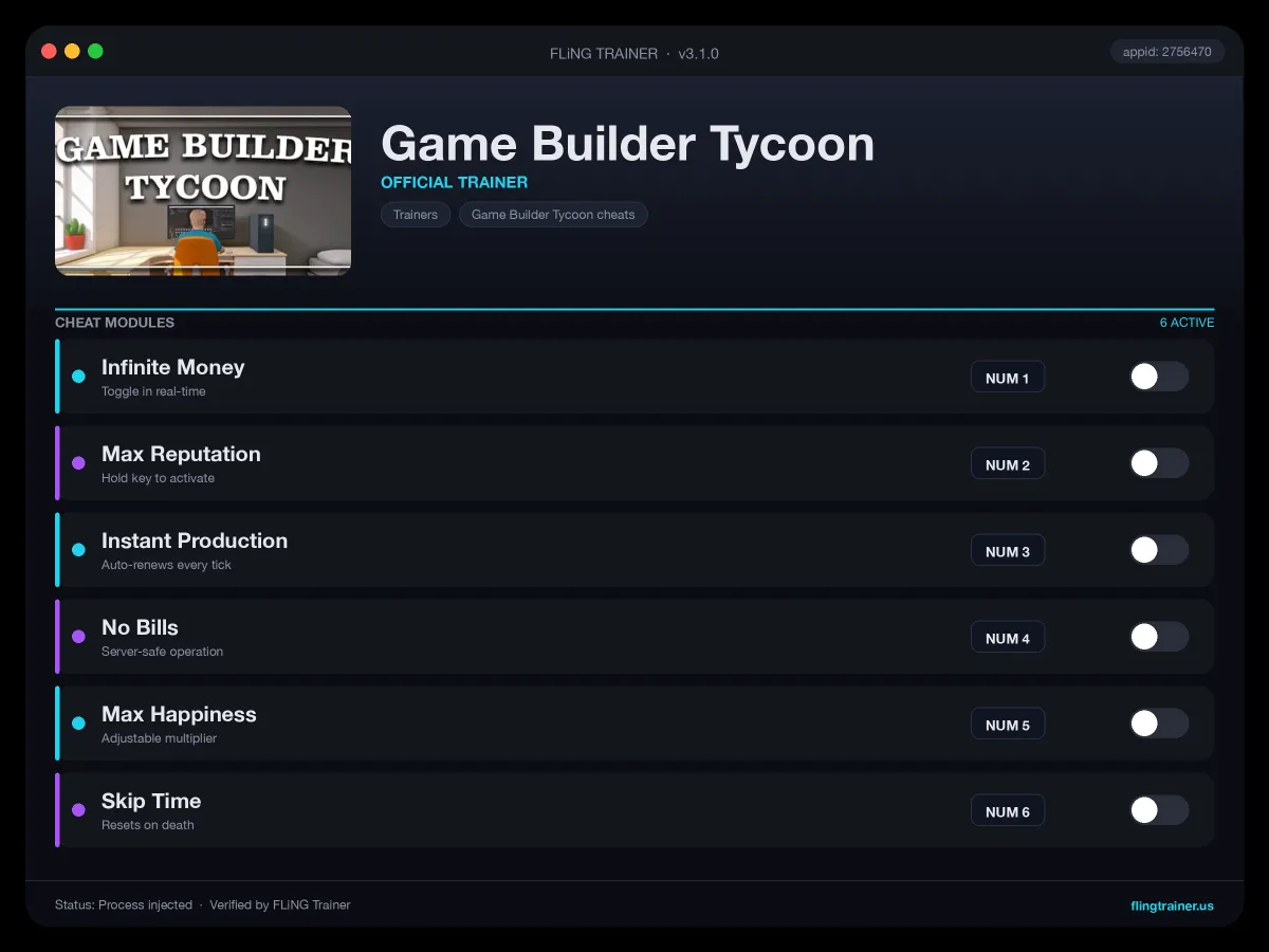 Game Builder Tycoon Trainer interface
