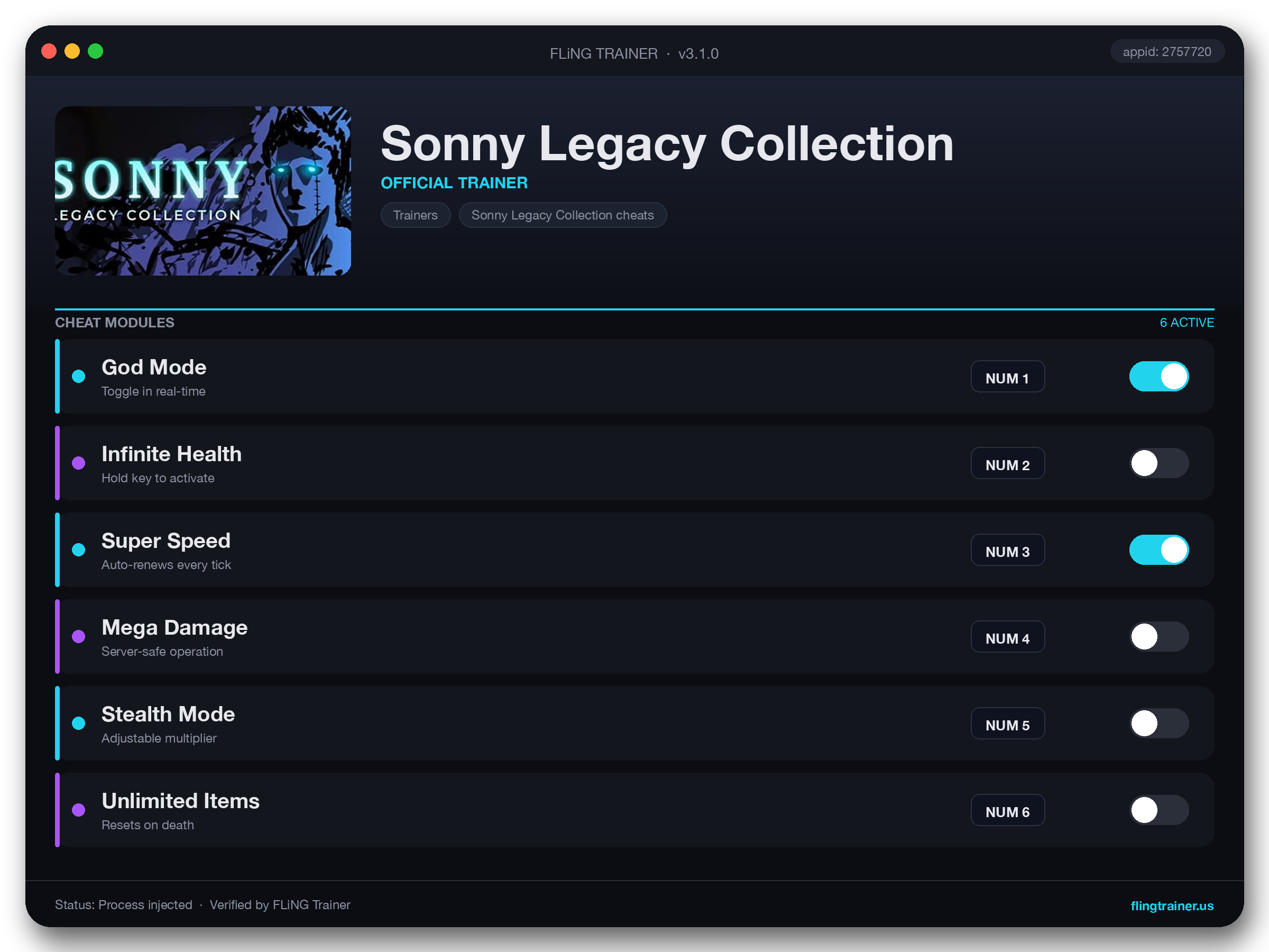 Sonny Legacy Collection Trainer interface