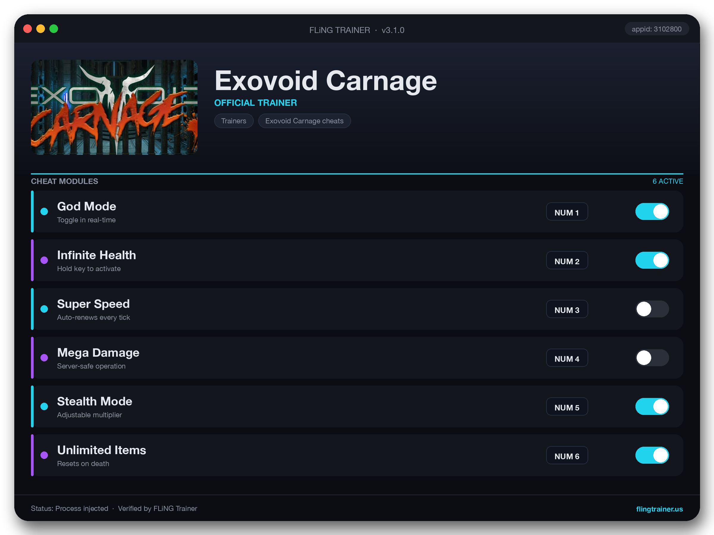 Exovoid Carnage Trainer interface