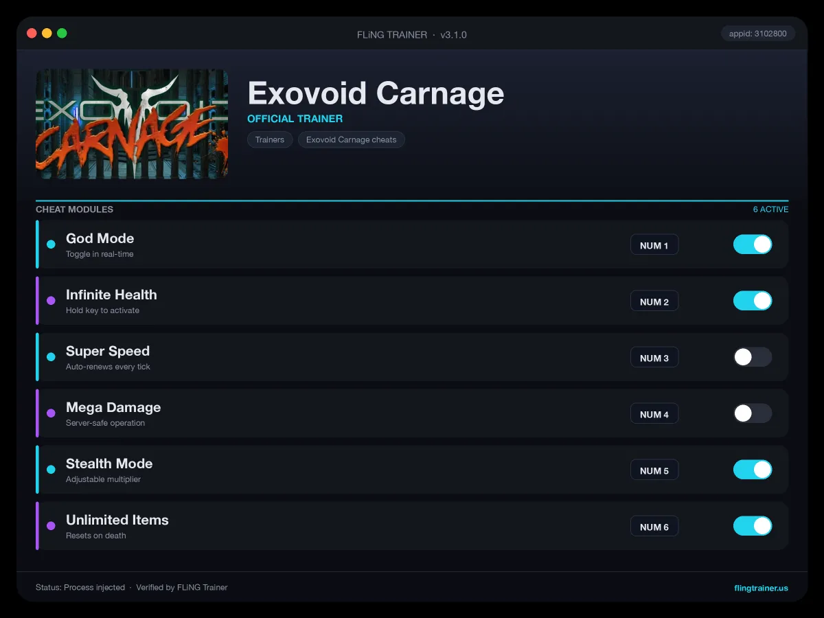 Exovoid Carnage Trainer interface