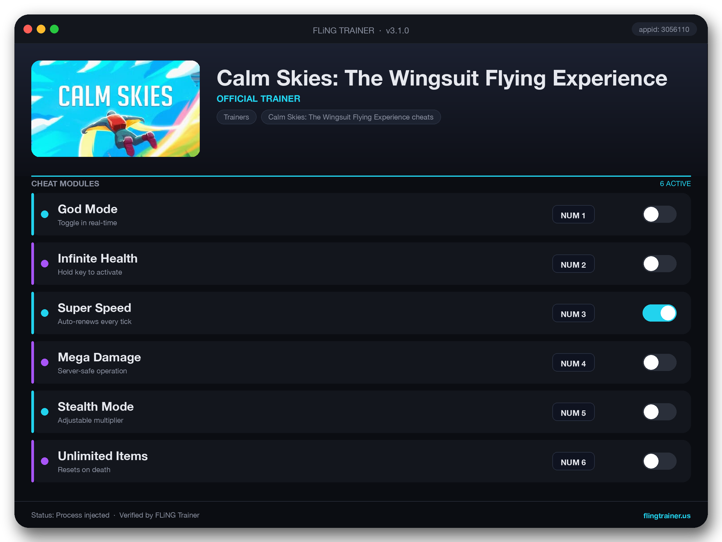 Calm Skies: The Wingsuit Flying Experience Trainer interface