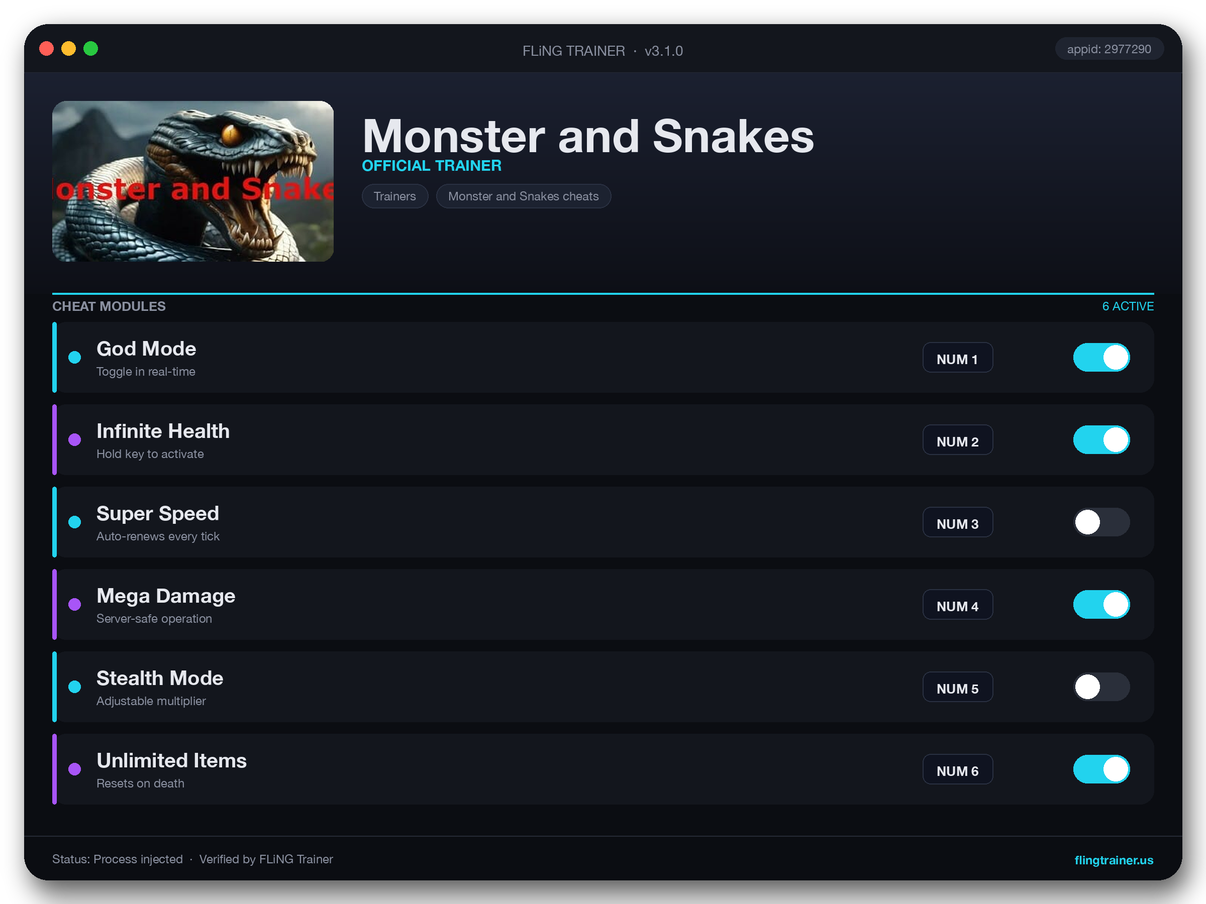 Monster and Snakes Trainer interface