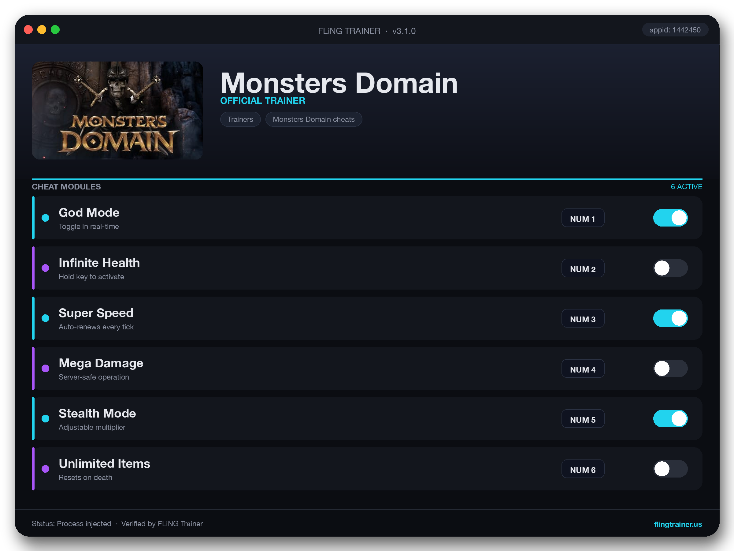 Monsters Domain Trainer interface