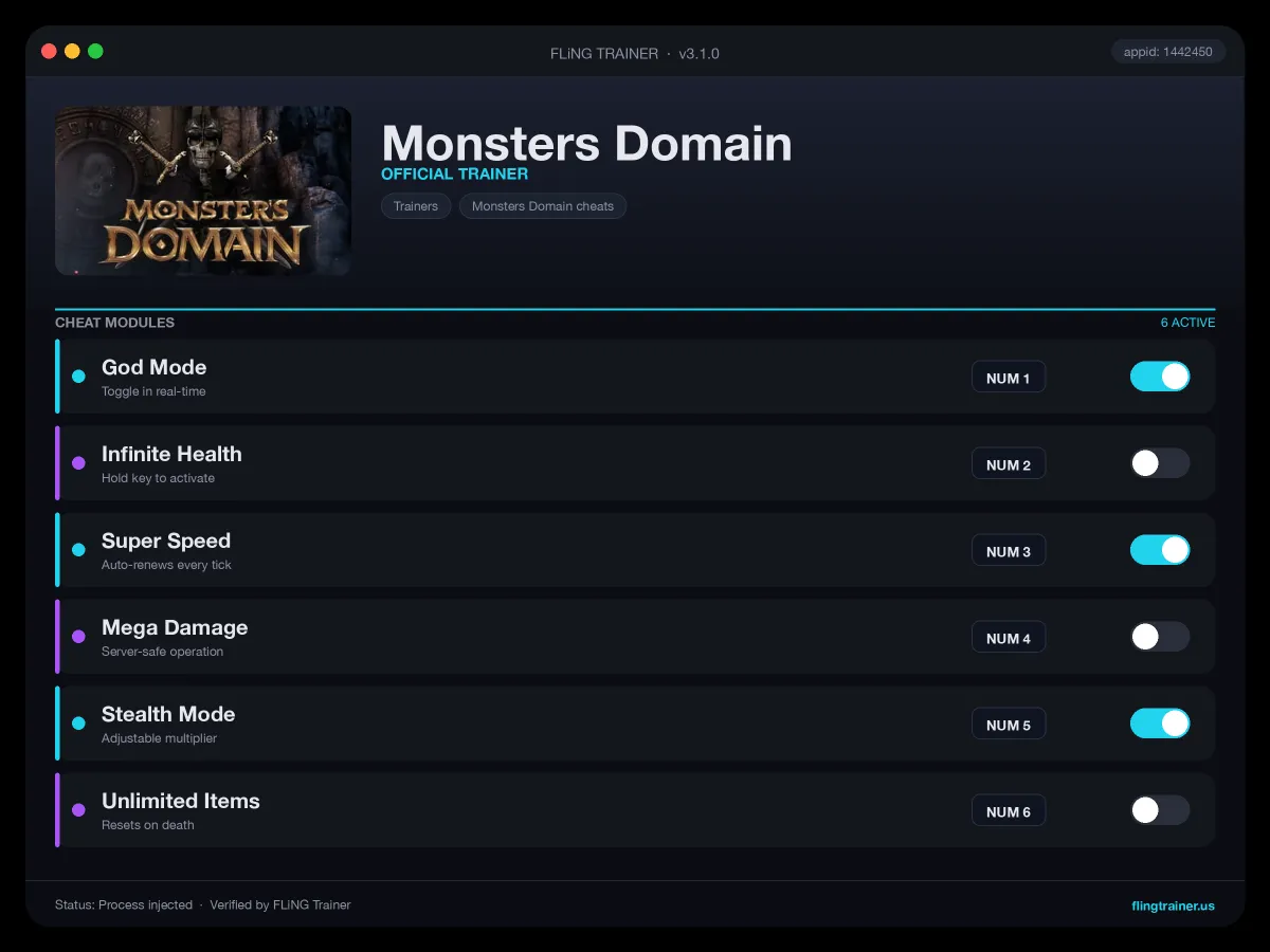 Monsters Domain Trainer interface