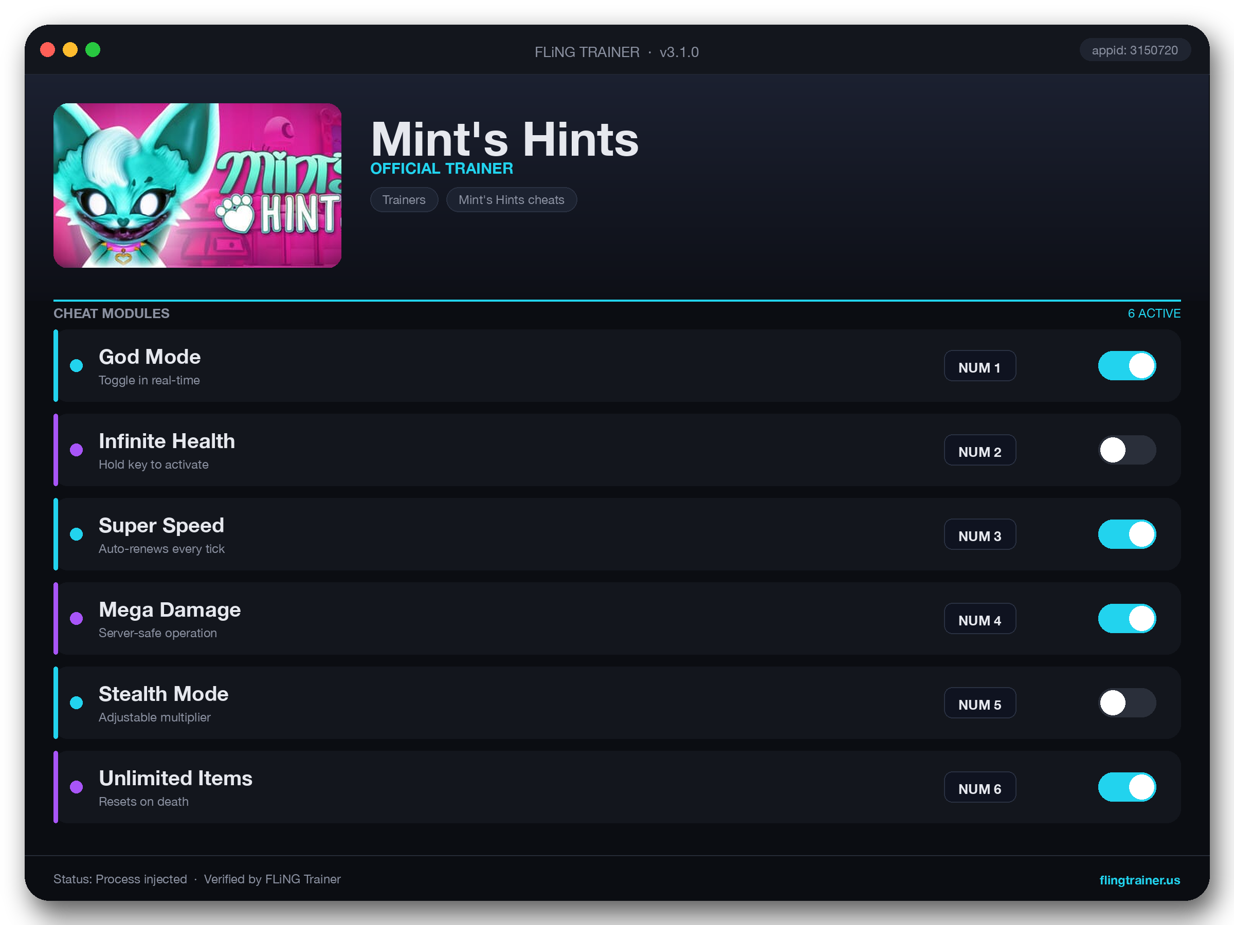 Mint's Hints Trainer interface
