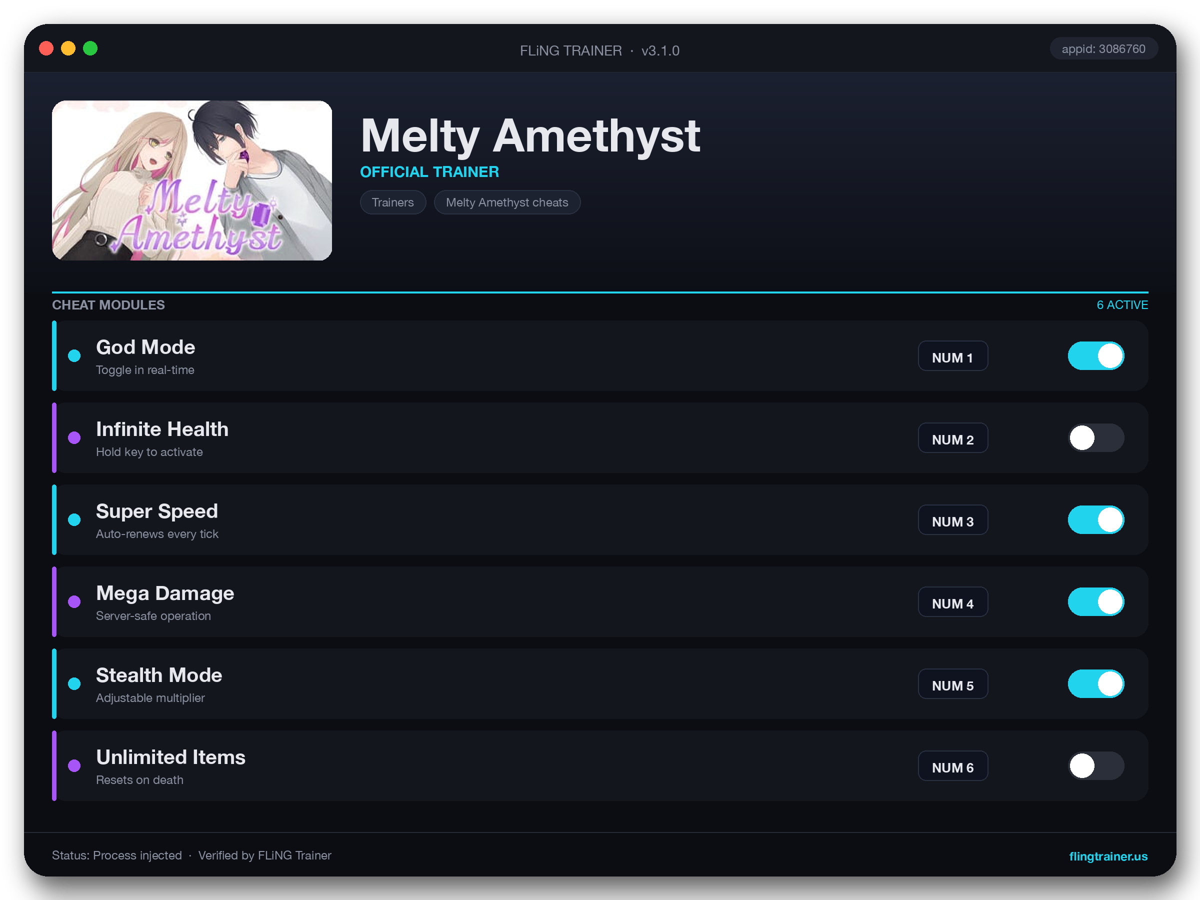 Melty Amethyst Trainer interface
