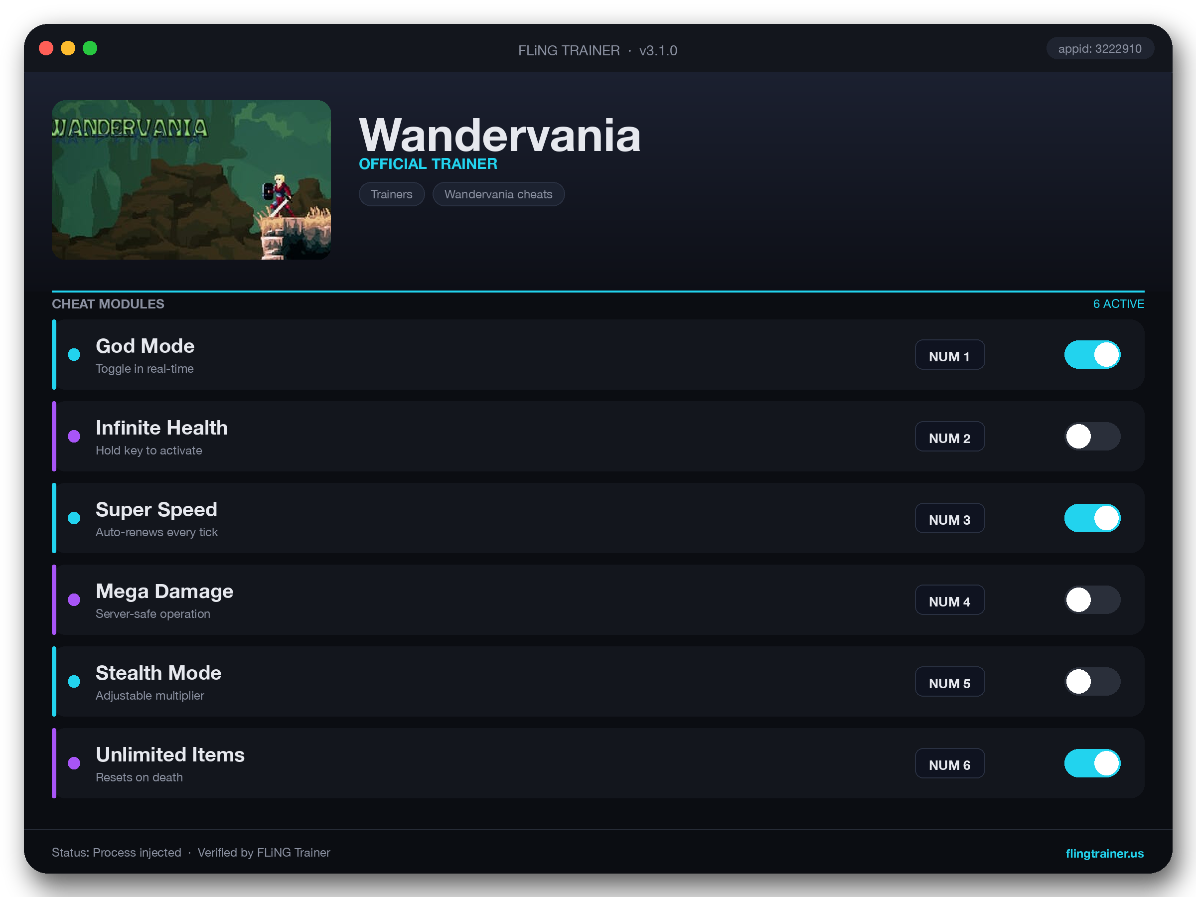 Wandervania Trainer interface