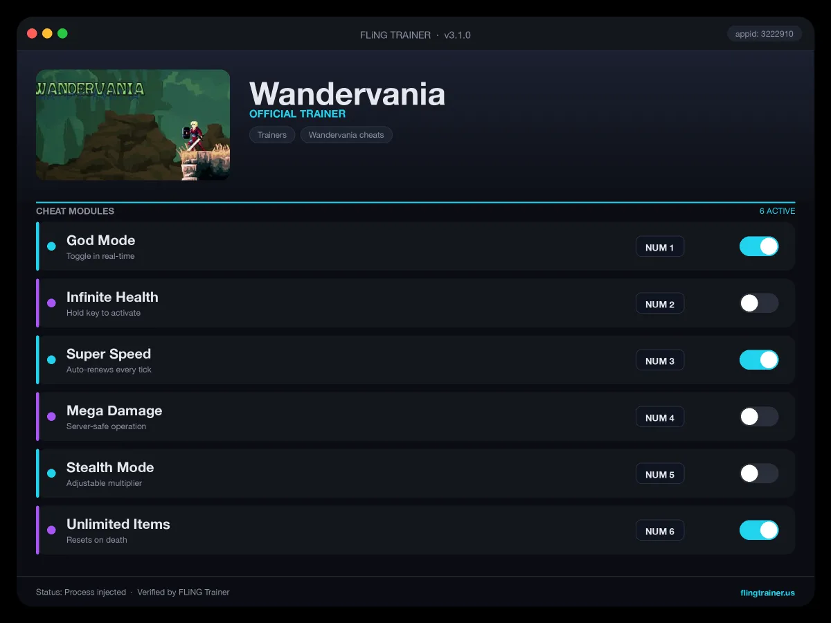 Wandervania Trainer interface