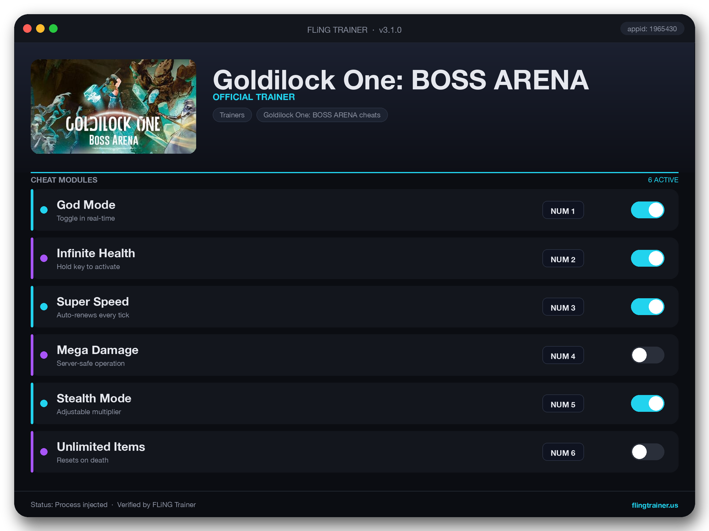 Goldilock One: BOSS ARENA Trainer interface