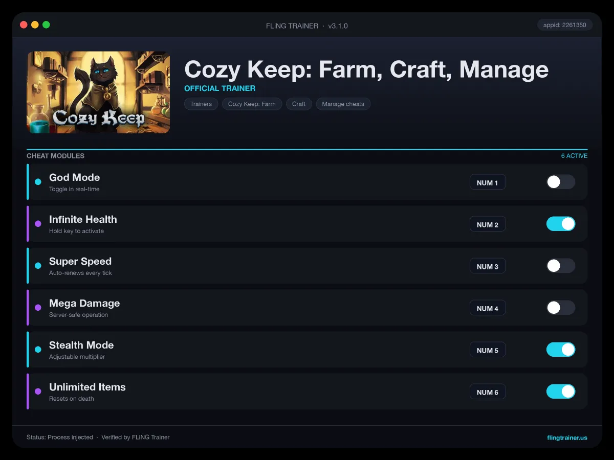Cozy Keep: Farm, Craft, Manage Trainer interface