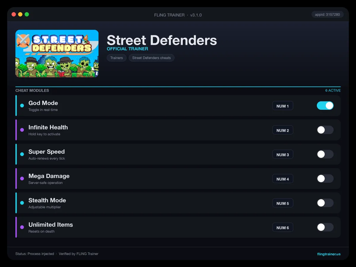 Street Defenders Trainer interface