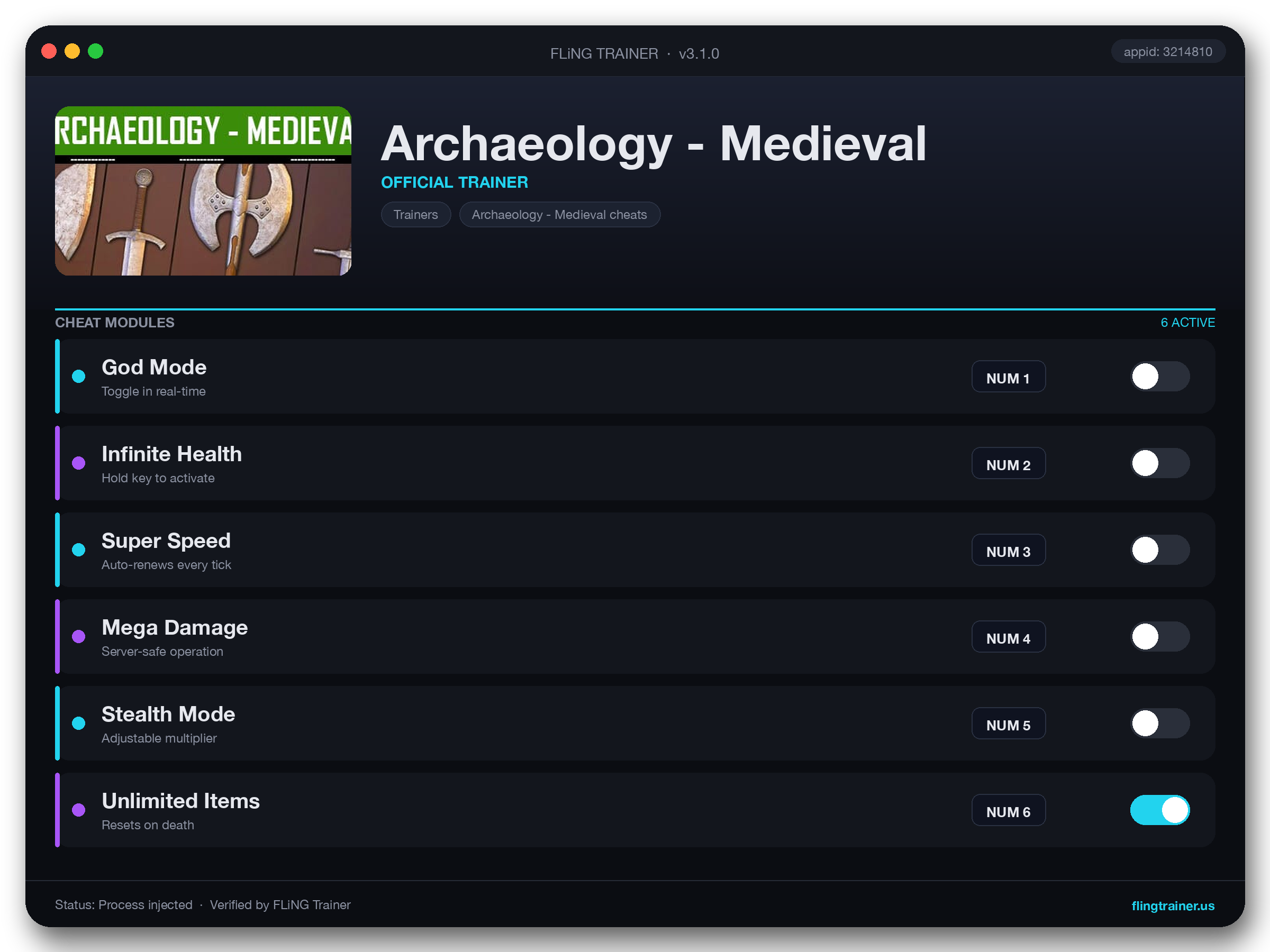Archaeology - Medieval Trainer interface