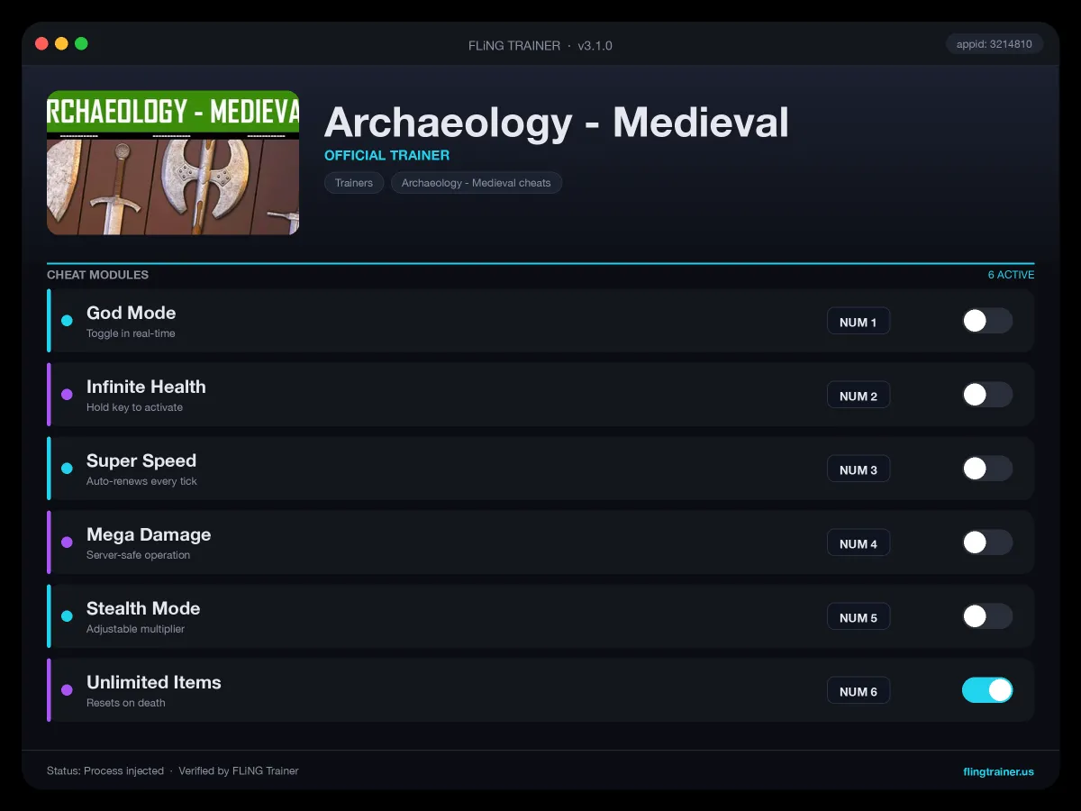 Archaeology - Medieval Trainer interface