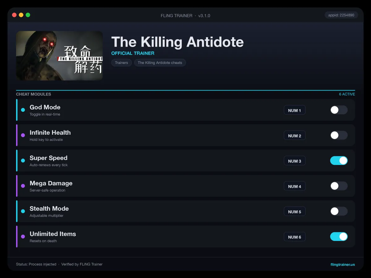 The Killing Antidote Trainer interface
