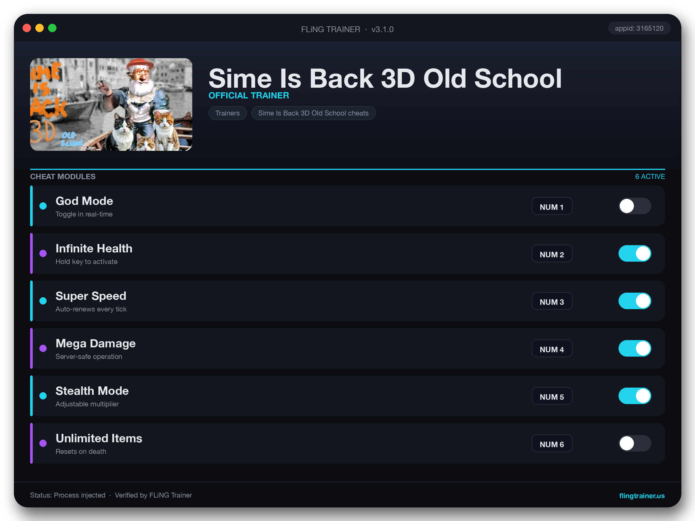 Sime Is Back 3D Old School Trainer interface