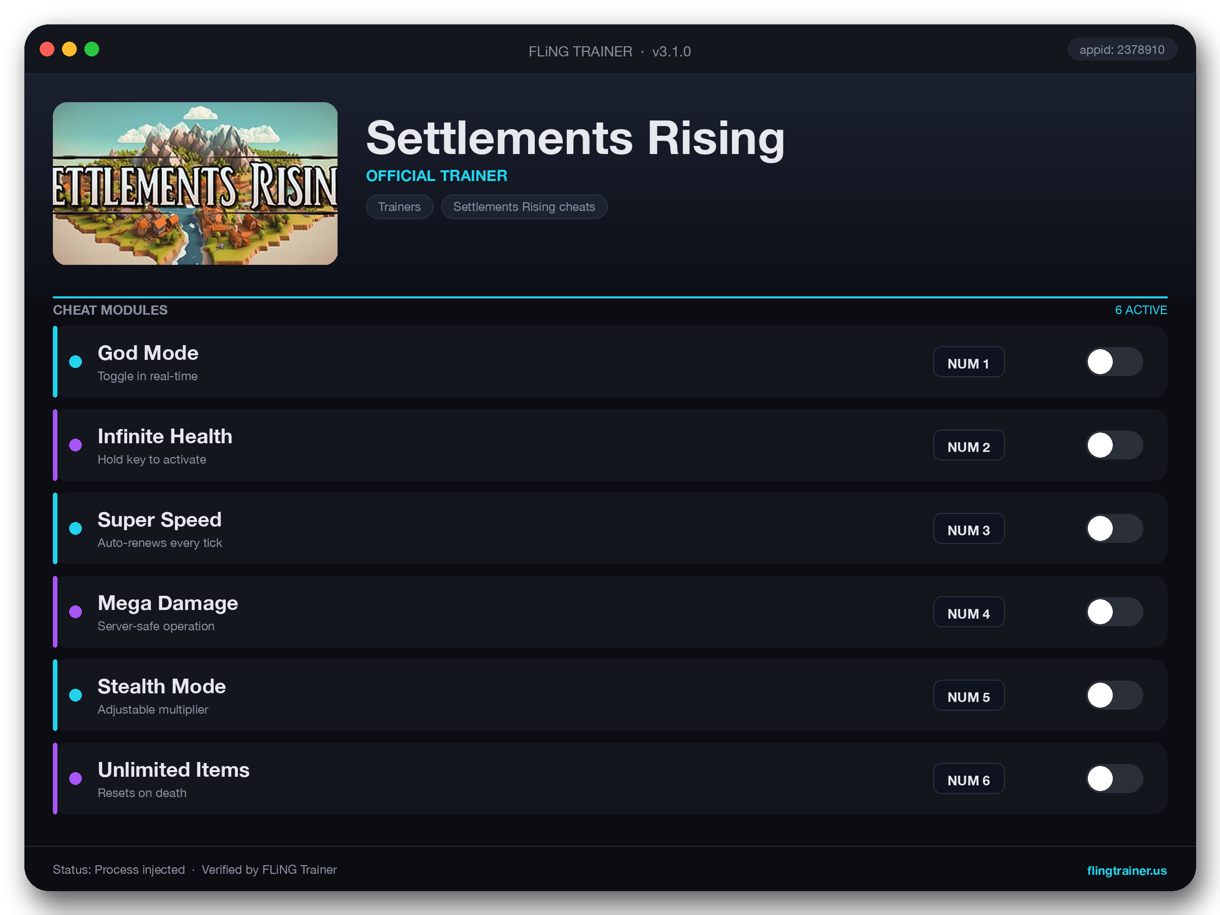 Settlements Rising Trainer interface