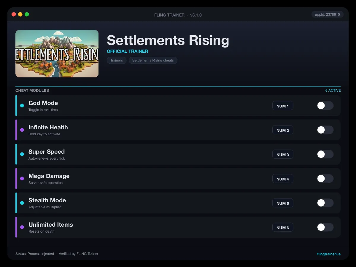 Settlements Rising Trainer interface
