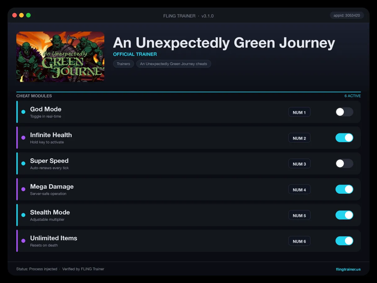An Unexpectedly Green Journey Trainer interface