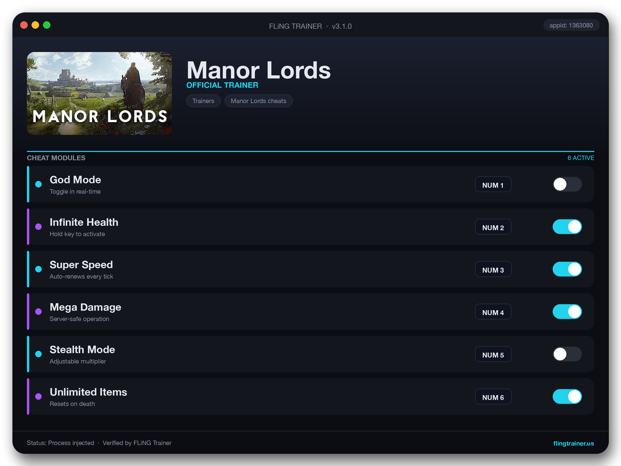 Manor Lords Trainer interface