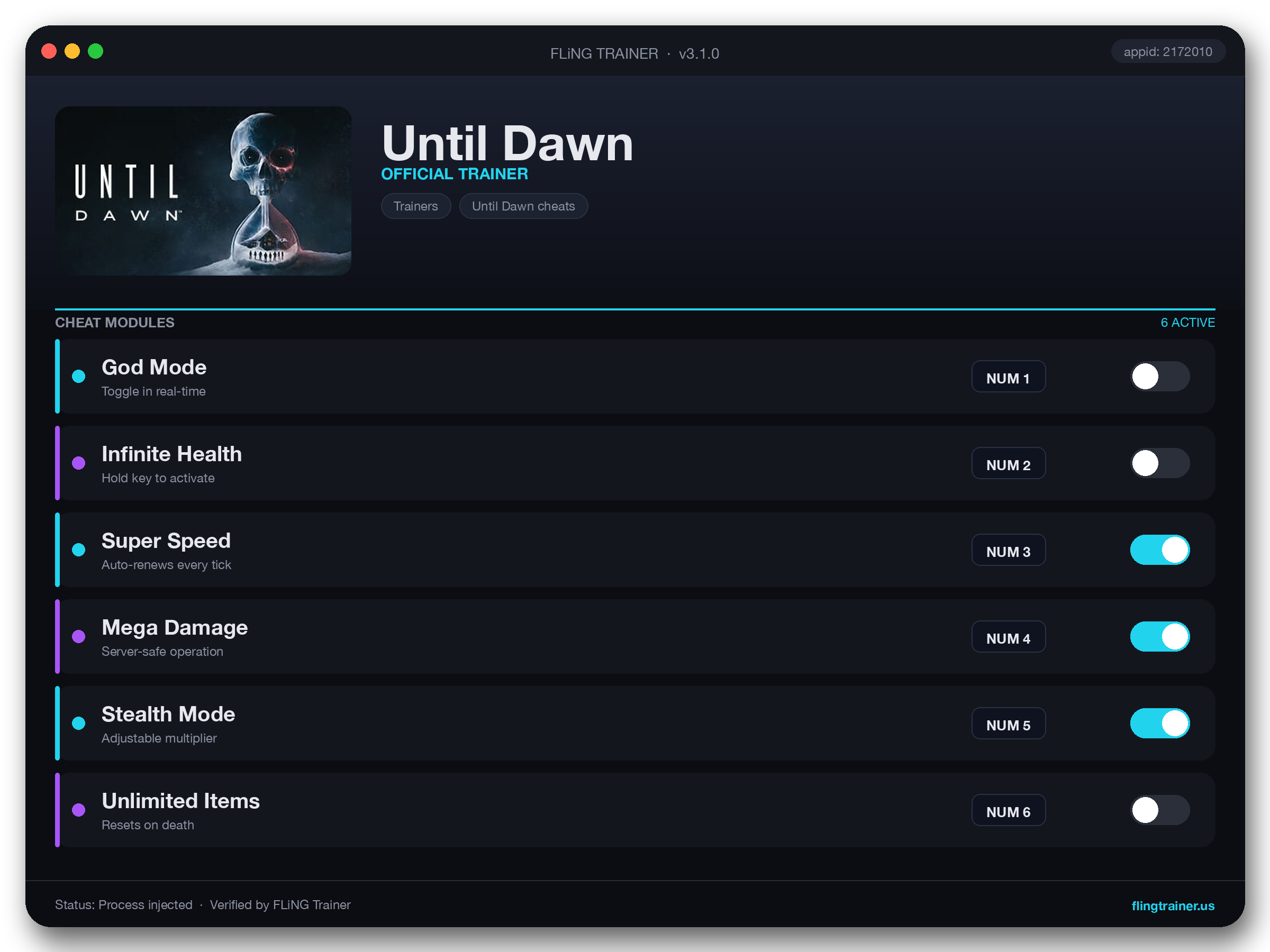 Until Dawn Trainer interface