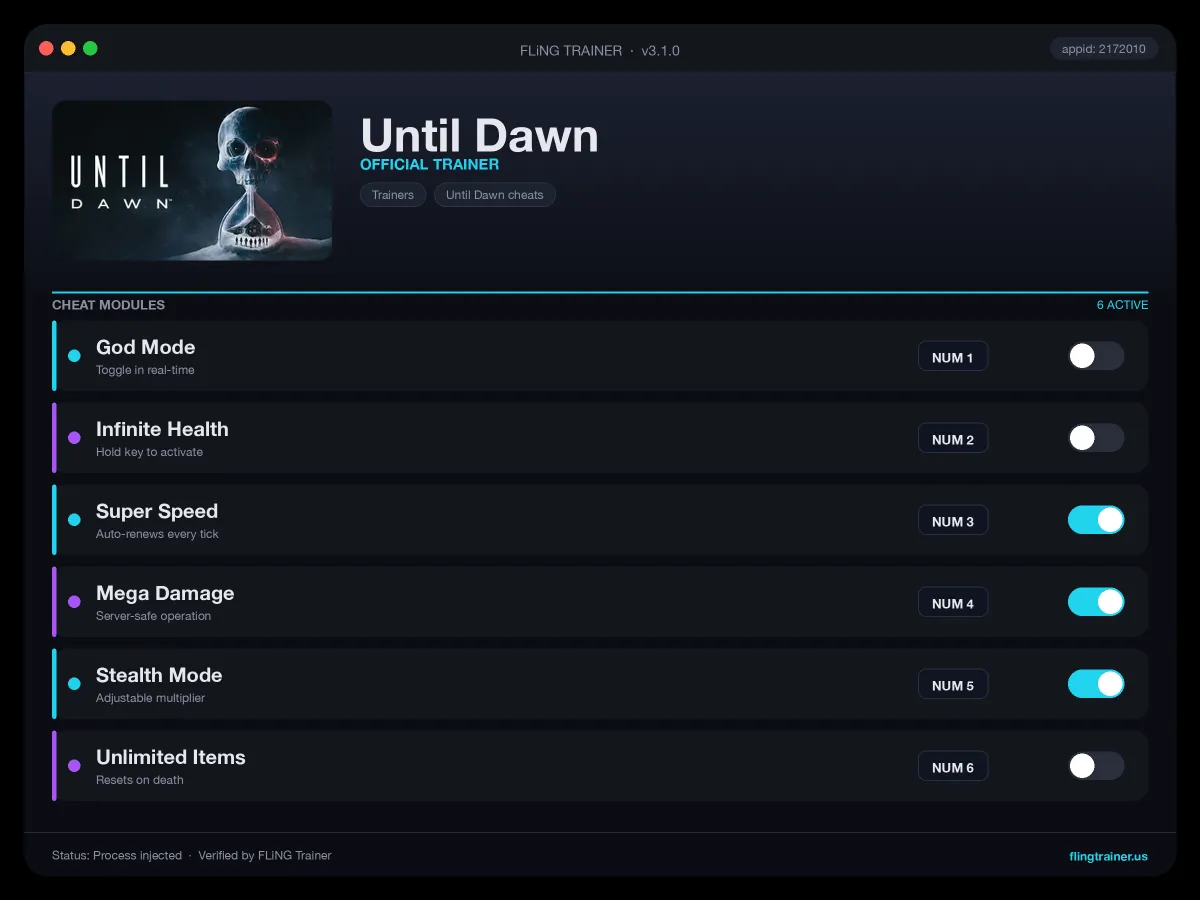 Until Dawn Trainer interface