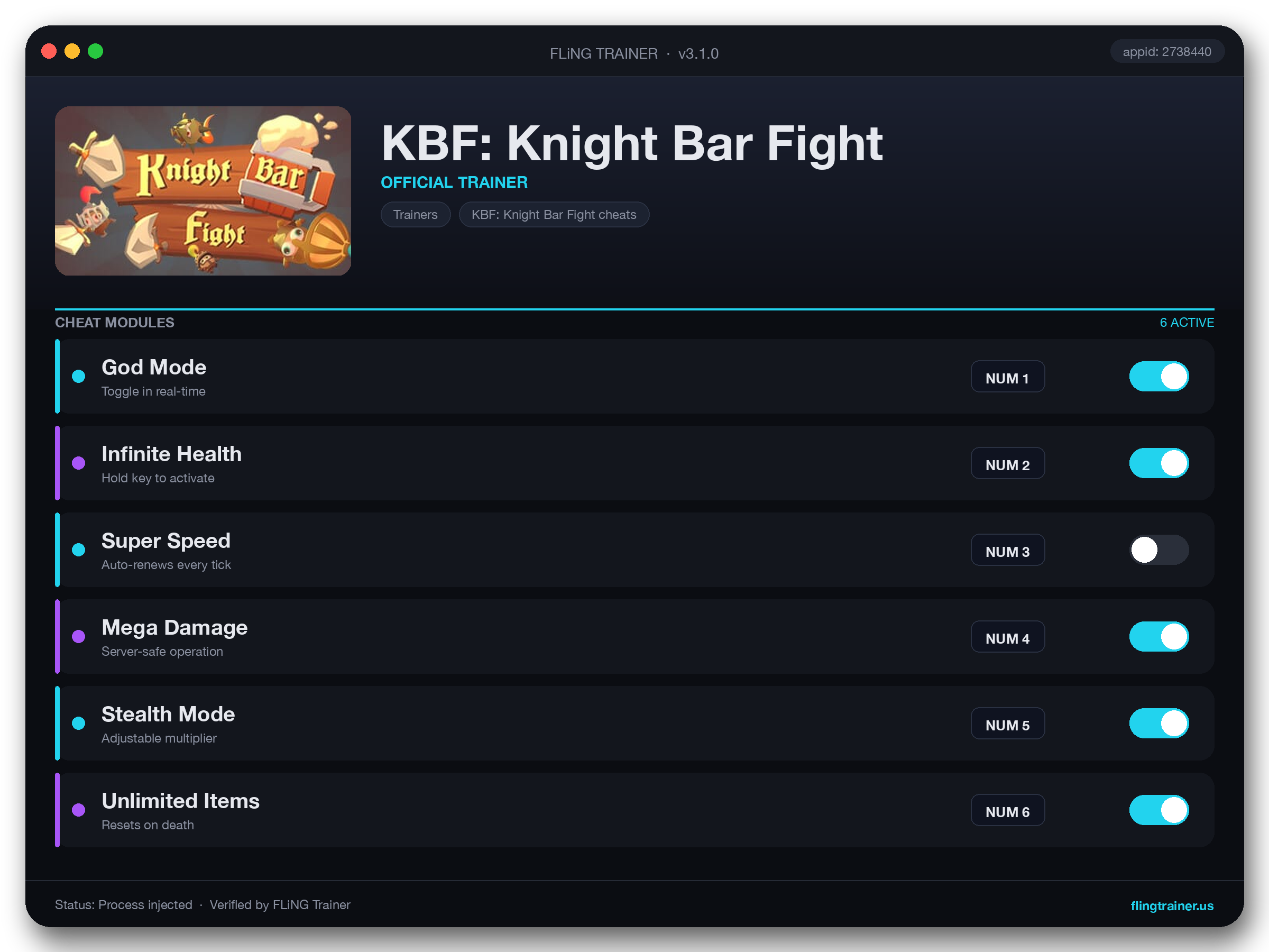 KBF: Knight Bar Fight Trainer interface