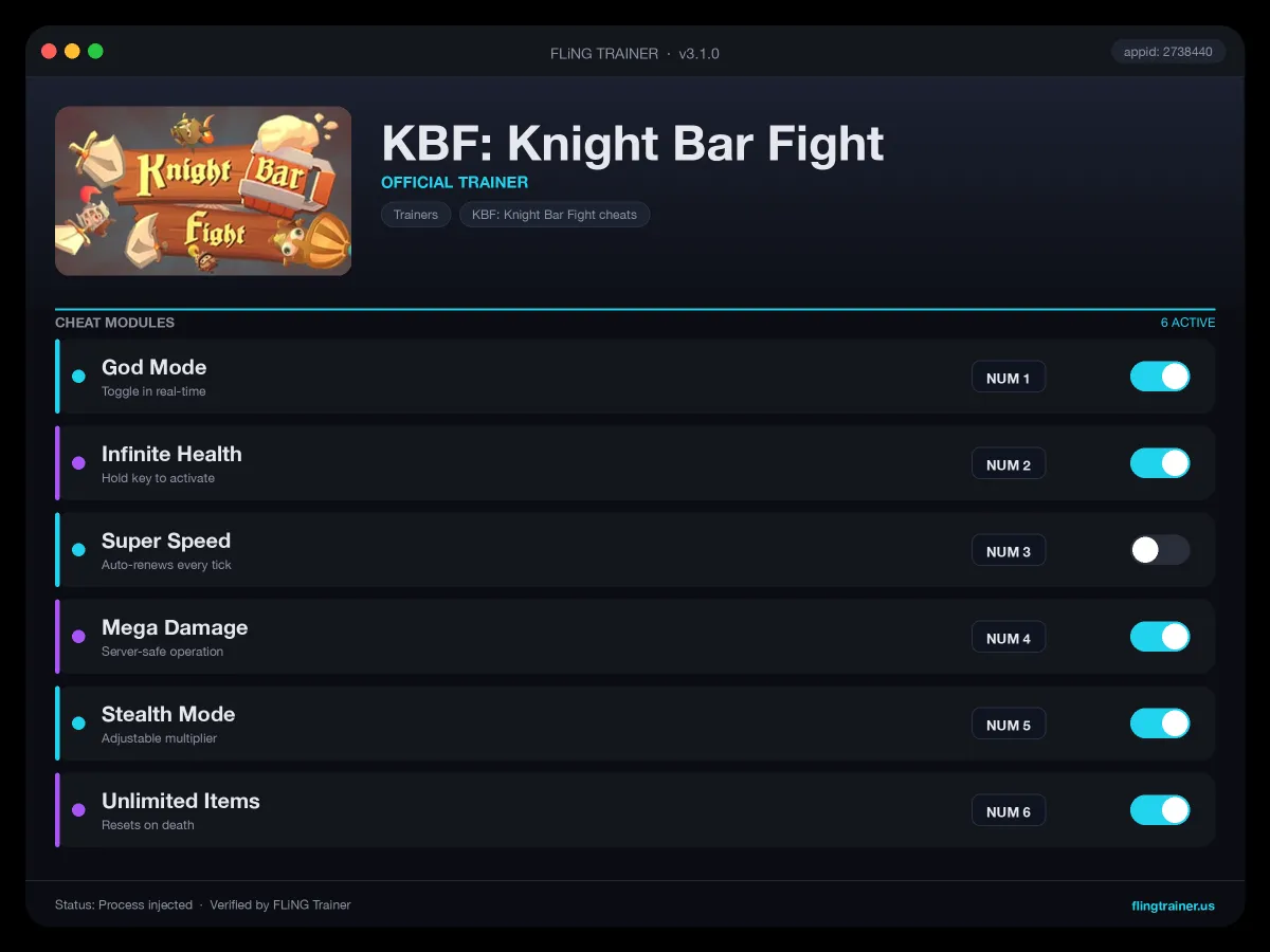 KBF: Knight Bar Fight Trainer interface