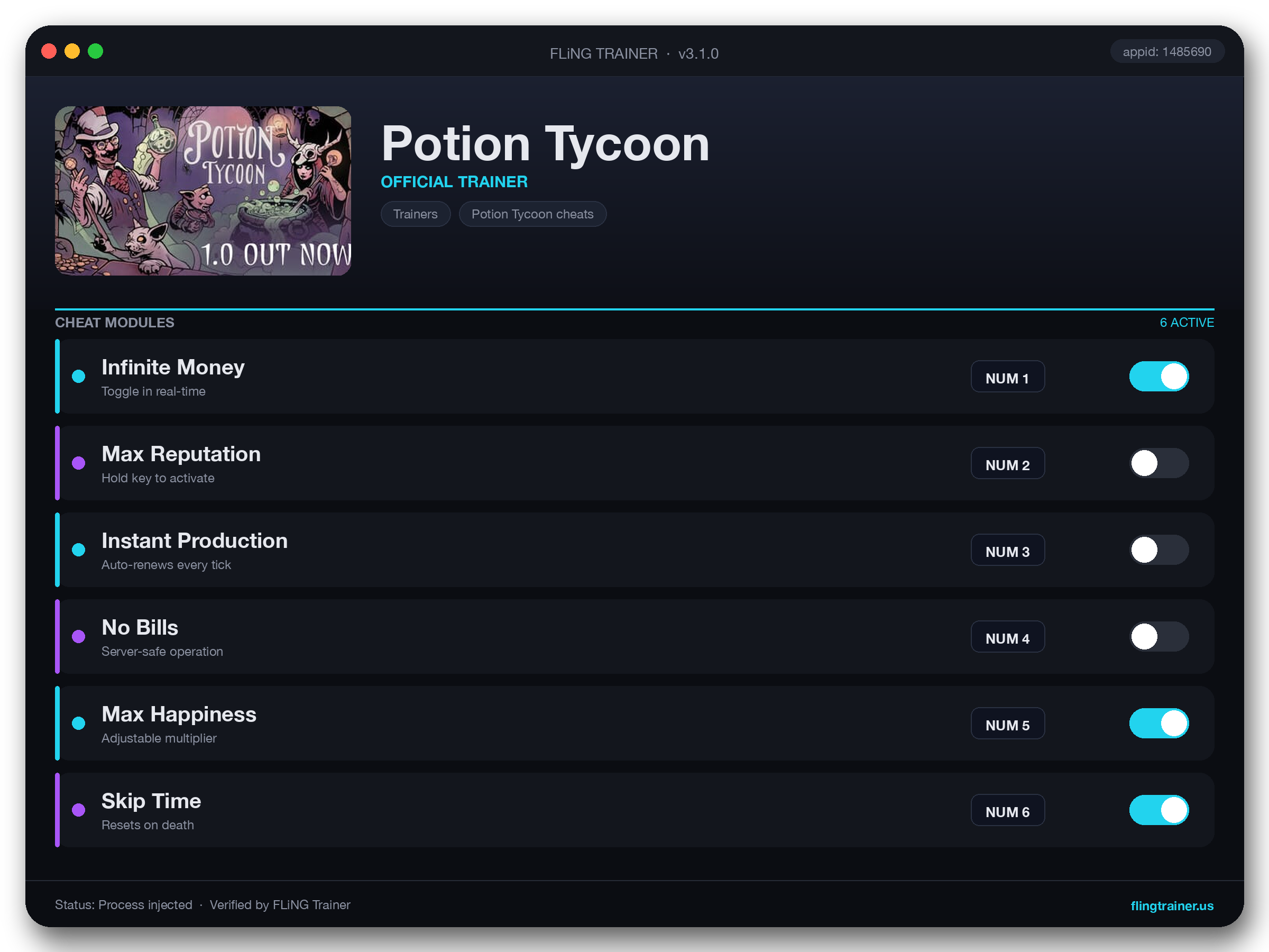 Potion Tycoon Trainer interface