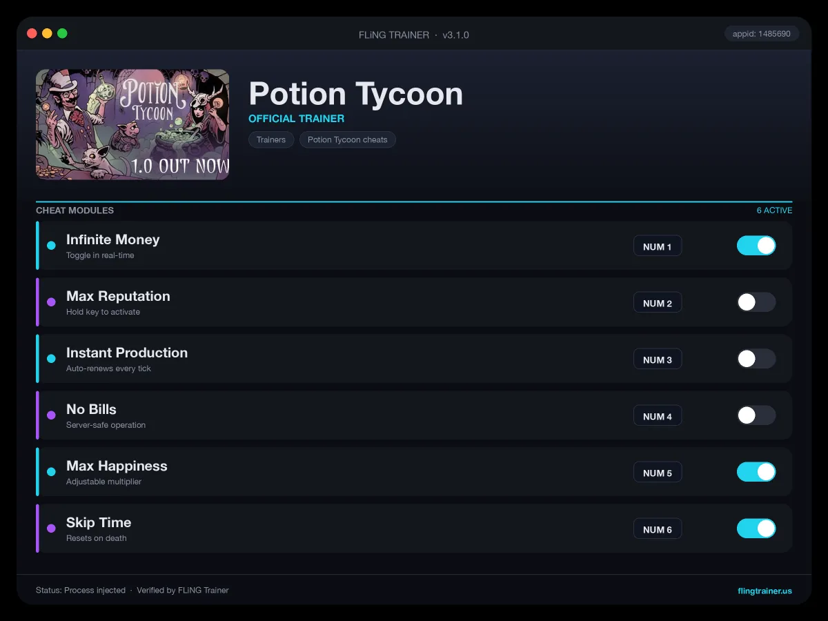 Potion Tycoon Trainer interface