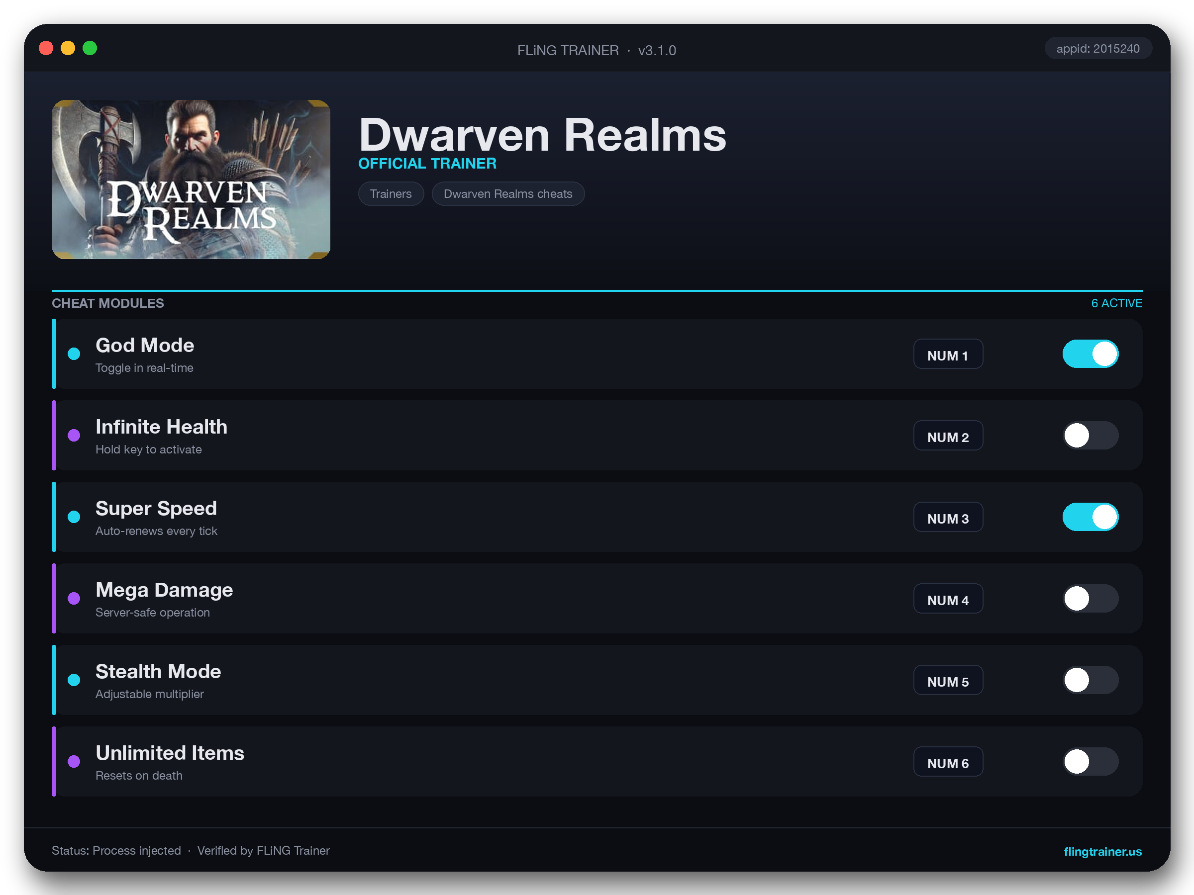 Dwarven Realms Trainer interface