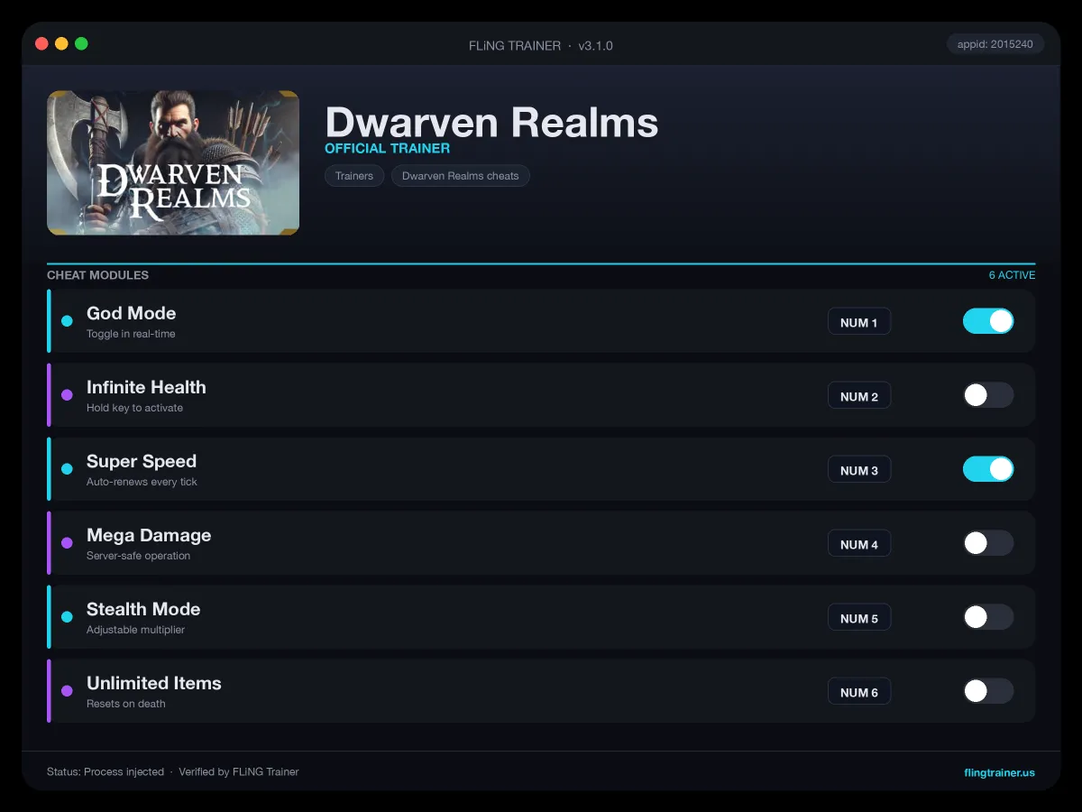 Dwarven Realms Trainer interface