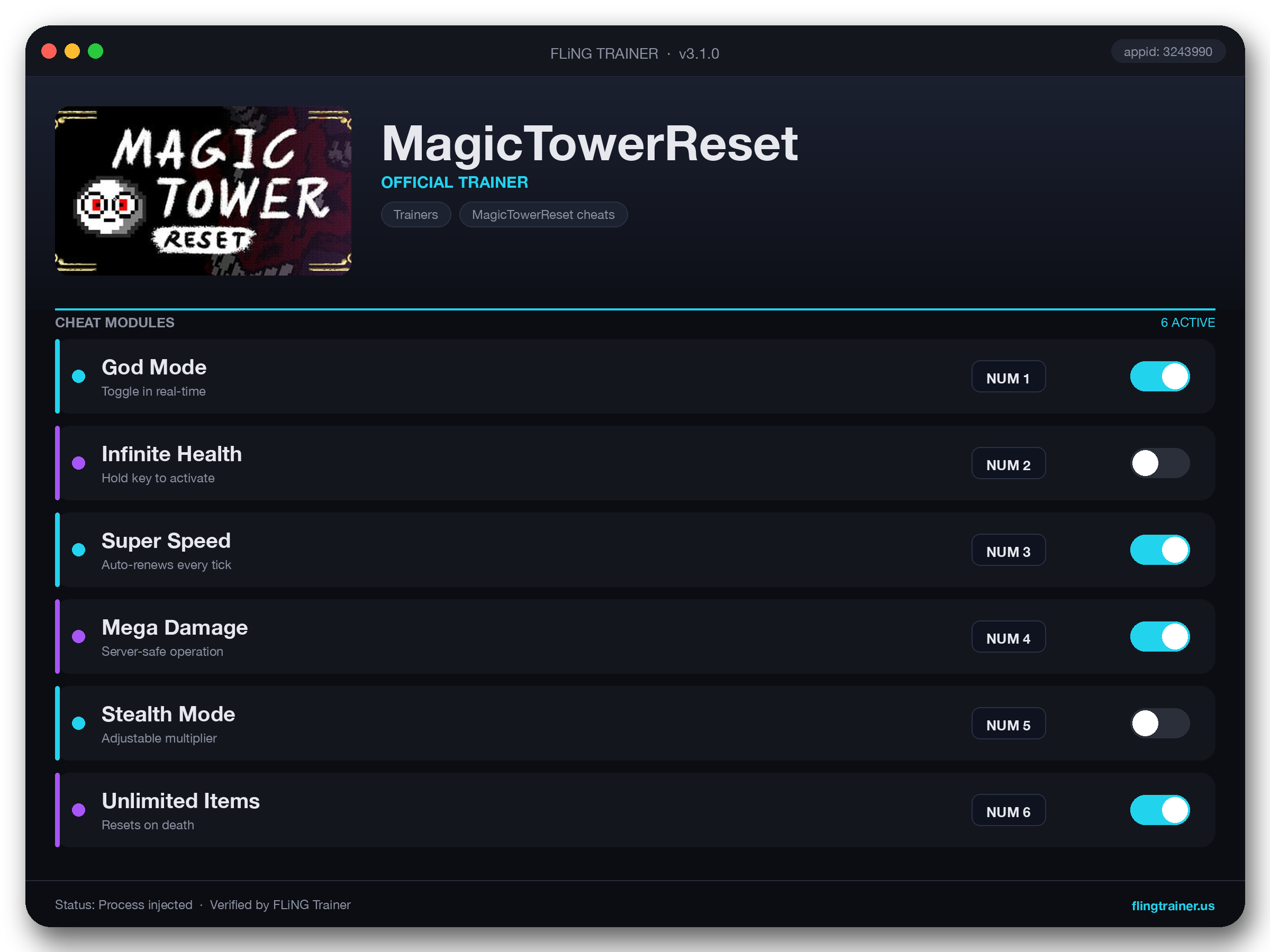 MagicTowerReset Trainer interface