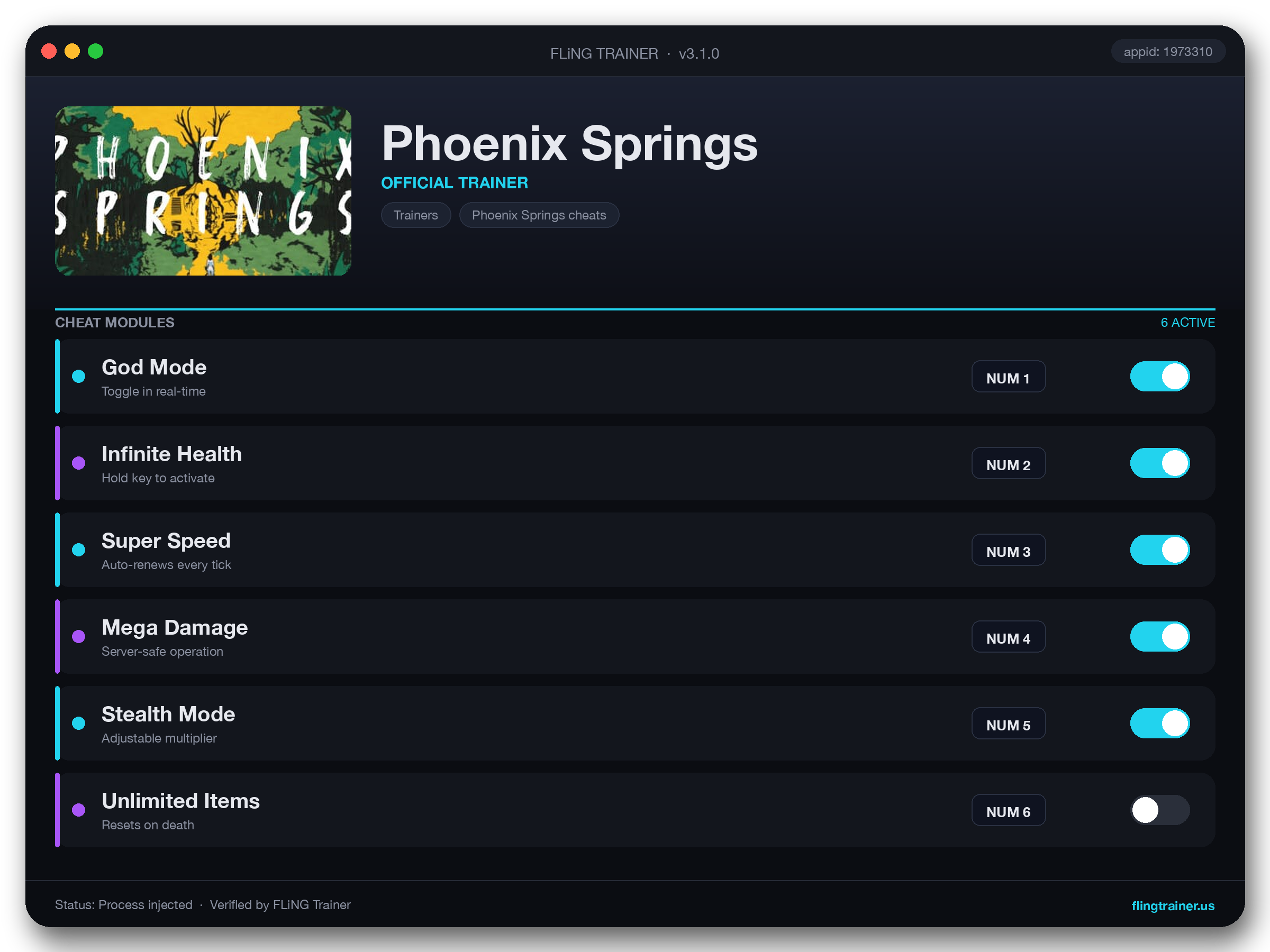 Phoenix Springs Trainer interface