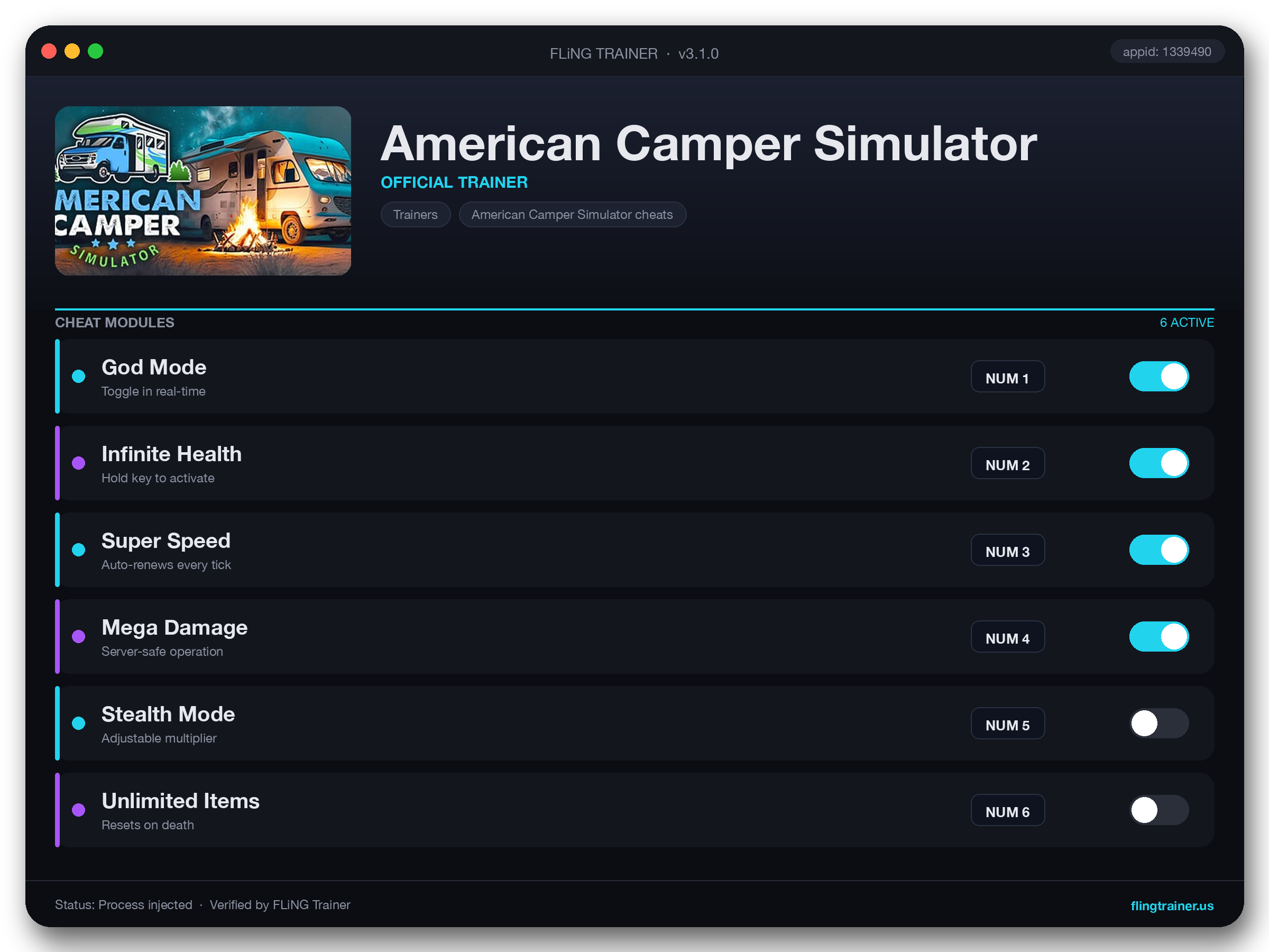American Camper Simulator Trainer interface