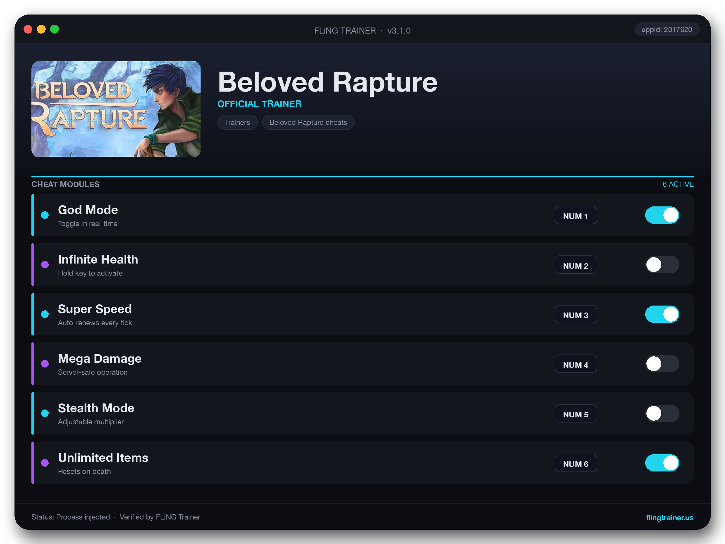 Beloved Rapture Trainer interface