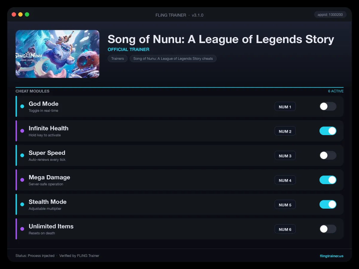 Song of Nunu: A League of Legends Story Trainer interface