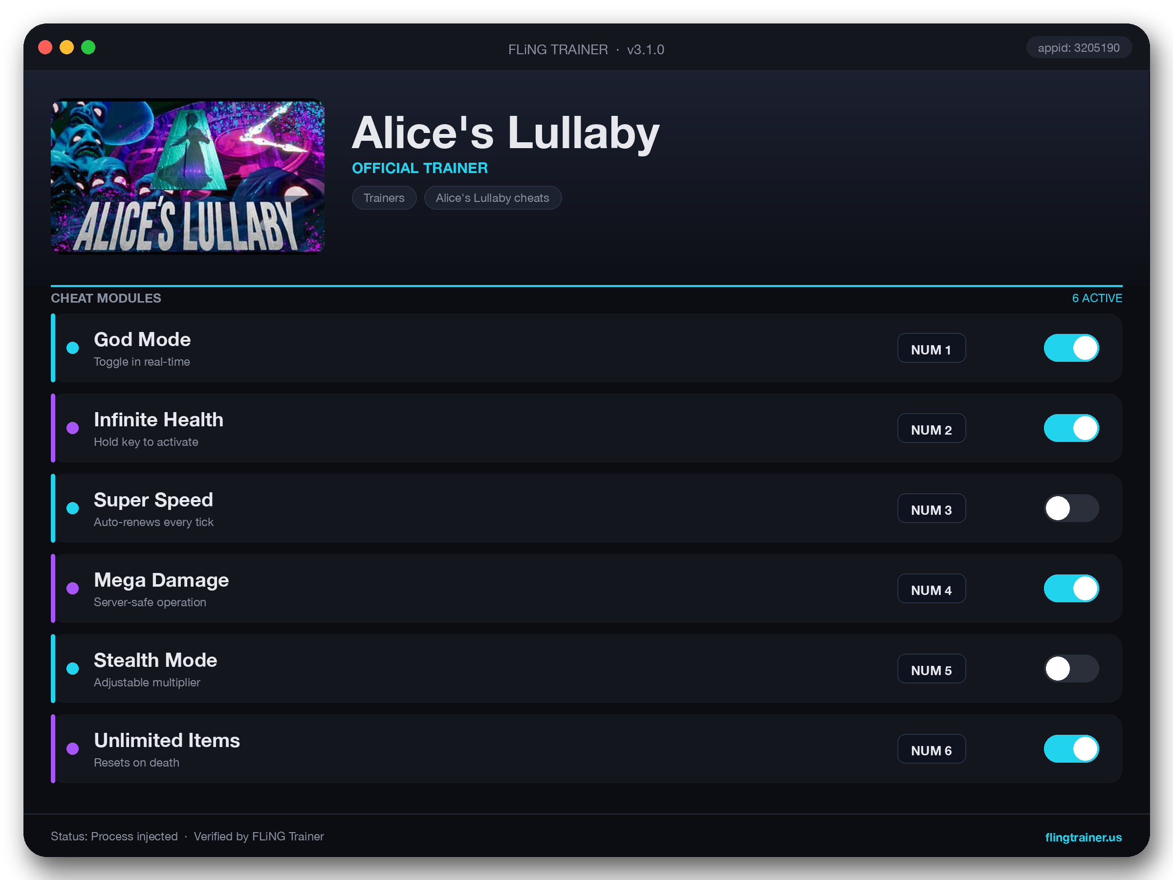 Alice's Lullaby Trainer interface