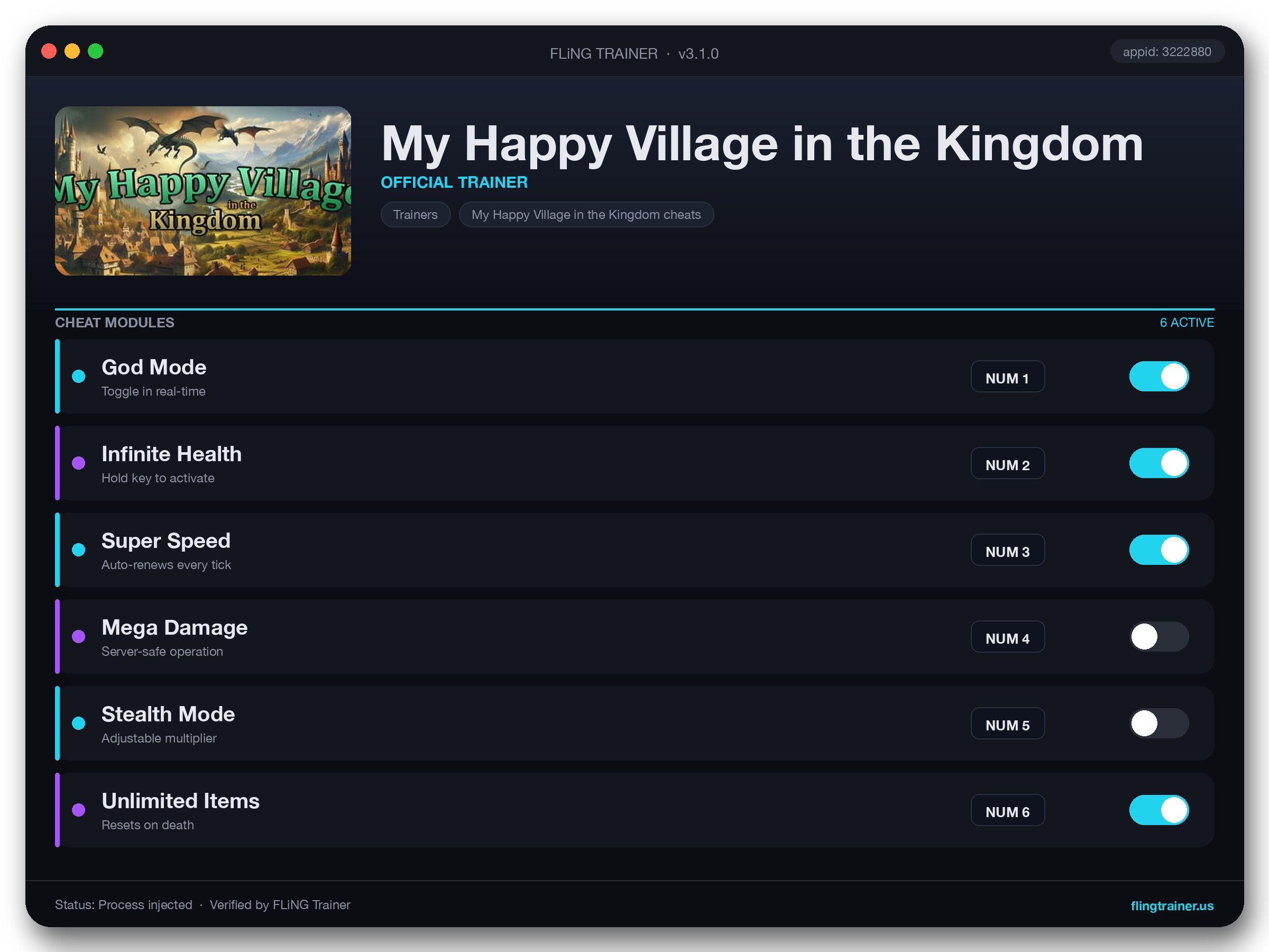 My Happy Village in the Kingdom Trainer interface