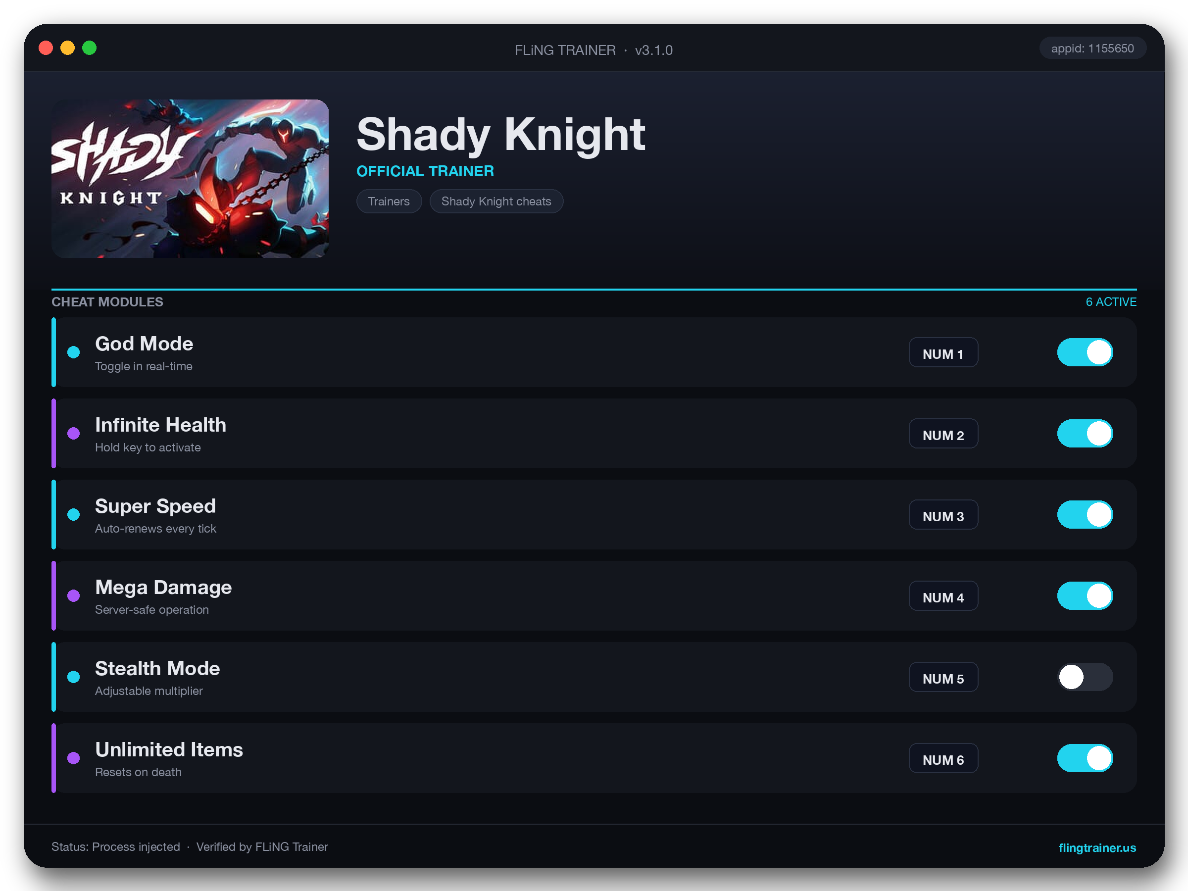 Shady Knight Trainer interface