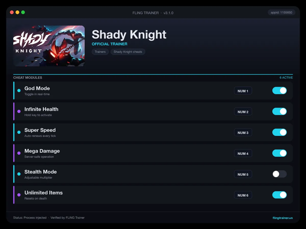 Shady Knight Trainer interface