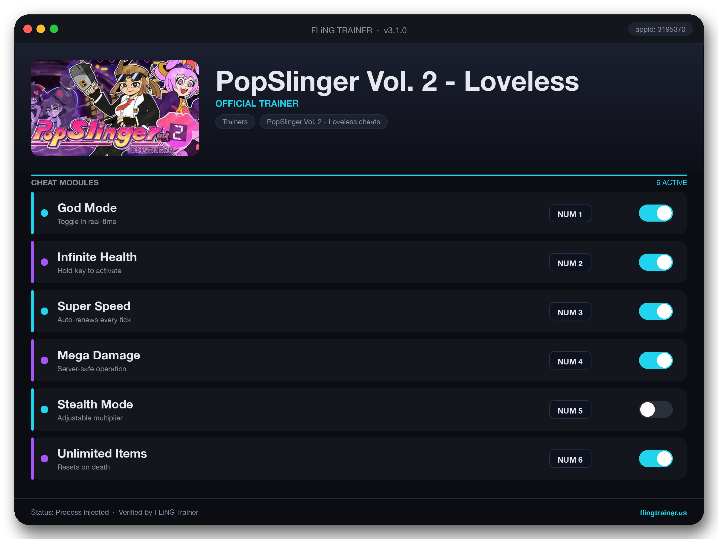 PopSlinger Vol. 2 - Loveless Trainer interface