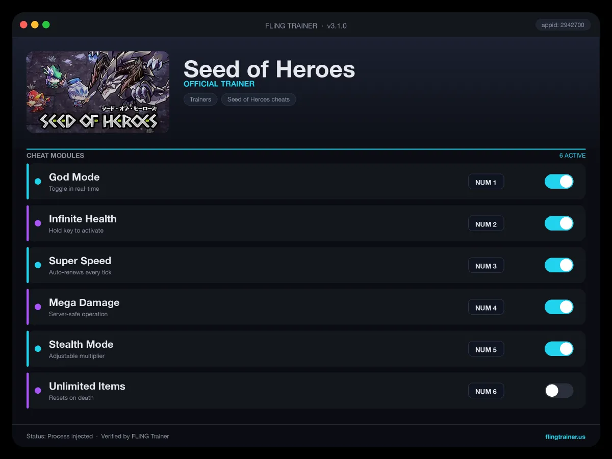 Seed of Heroes Trainer interface
