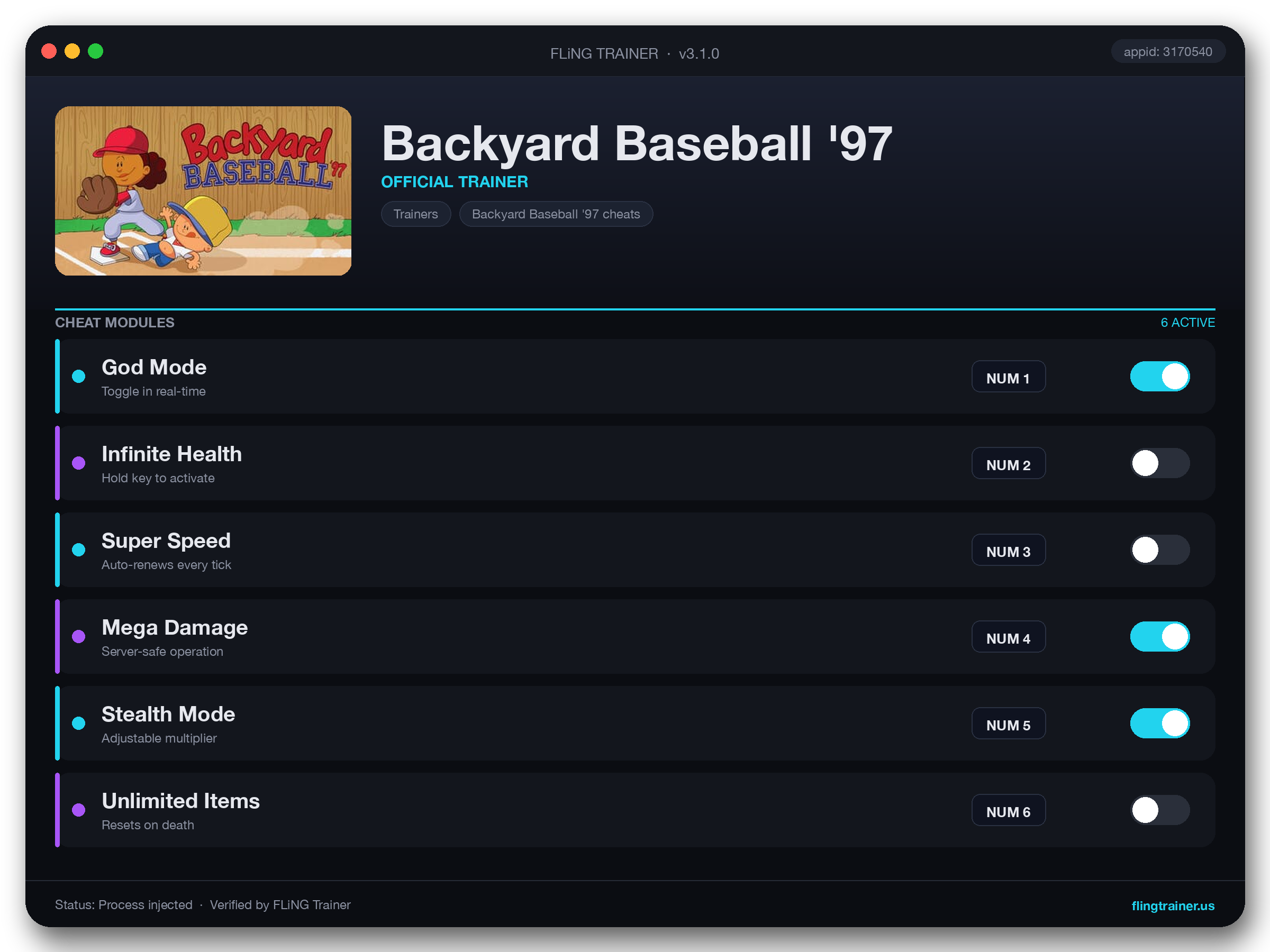 Backyard Baseball '97 Trainer interface