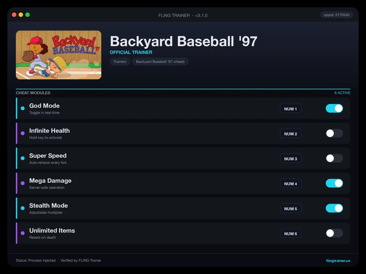 Backyard Baseball '97 Trainer interface