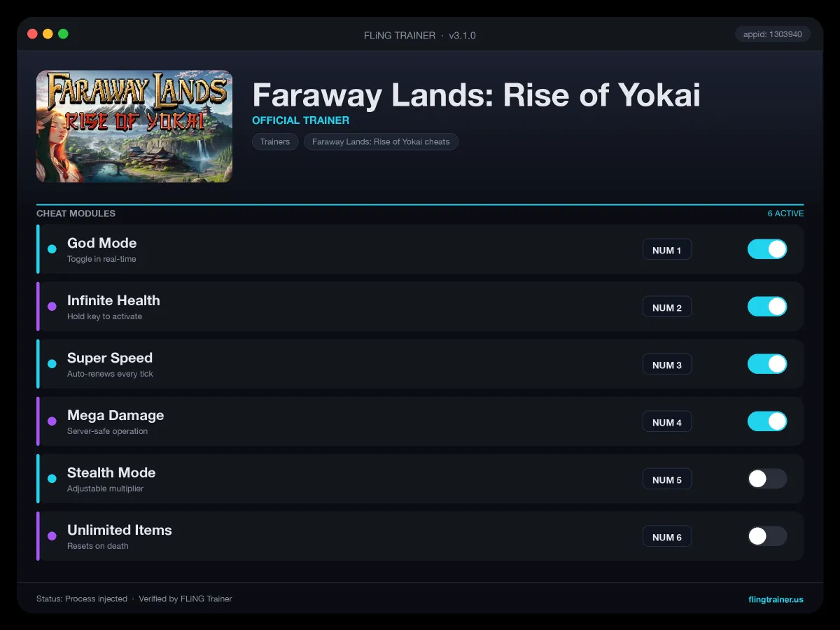 Faraway Lands: Rise of Yokai Trainer interface