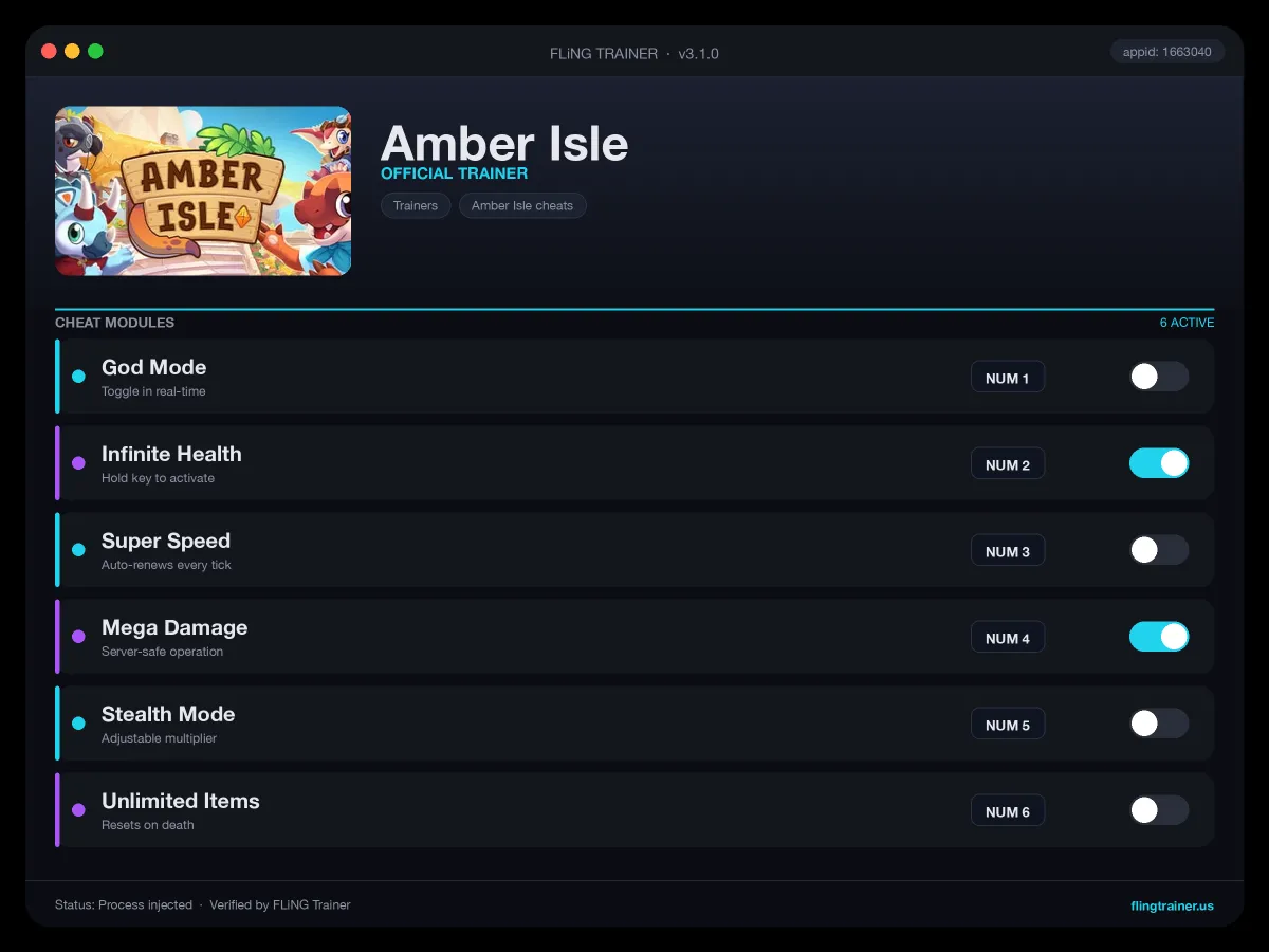 Amber Isle Trainer interface